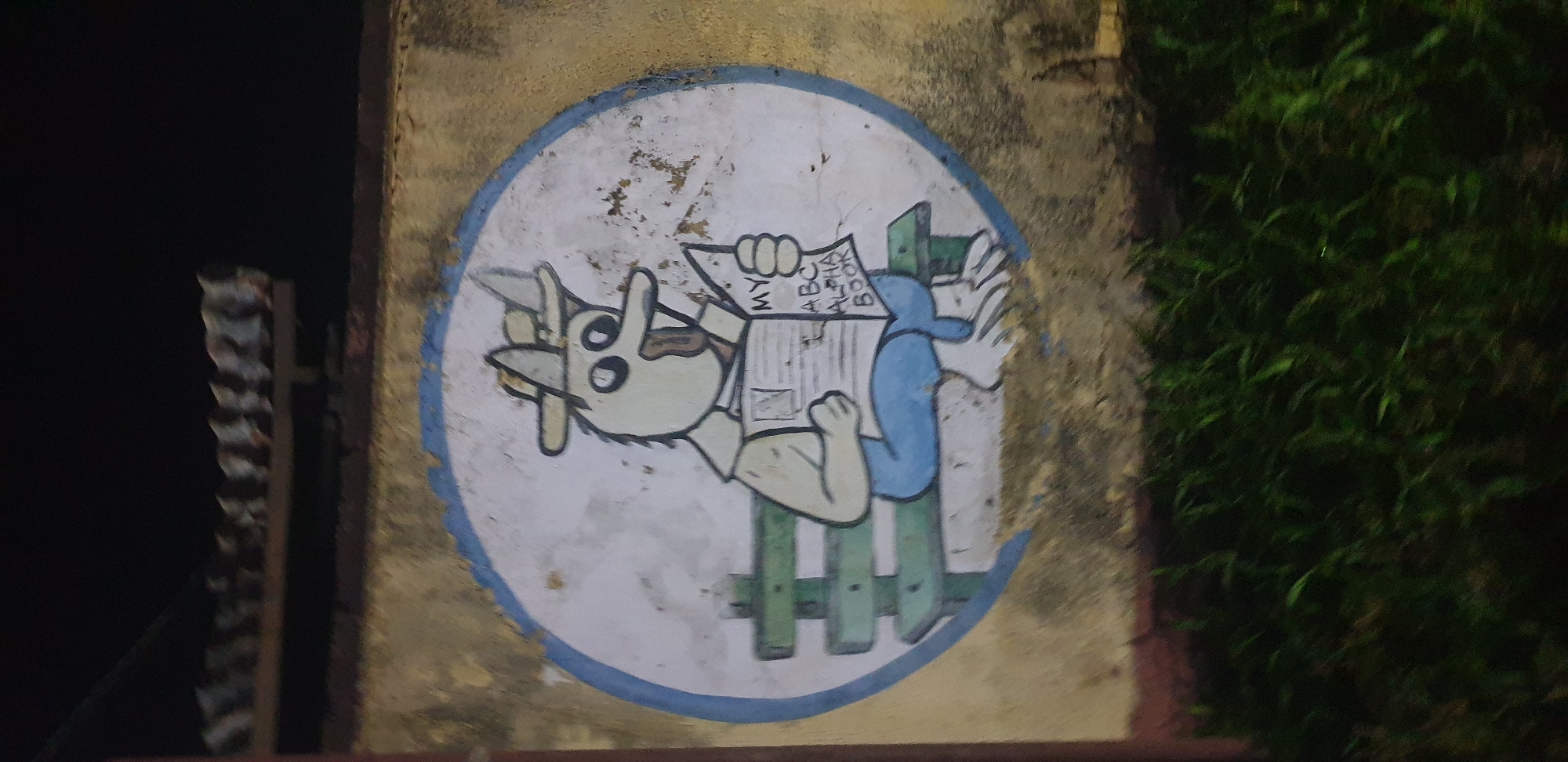 This is a photograph of a mural painted on a wall in Sabon Tasha, Nigeria. The mural depicts a cartoonish, light-skinned creature wearing a hat and blue pants, sitting on a green bench and reading a book. The creature has large eyes, a long nose, and its mouth is open as if surprised or speaking. The book it is reading has the words "MY ABC ALPHA BOOK" written on it. The mural is contained within a white circle outlined in blue, which is painted on a weathered, yellowish wall. In front of the wall, there is dense, dark green grass. The top of the image shows a dark background with some textured, possibly tiled, structures. The lighting suggests it is nighttime.