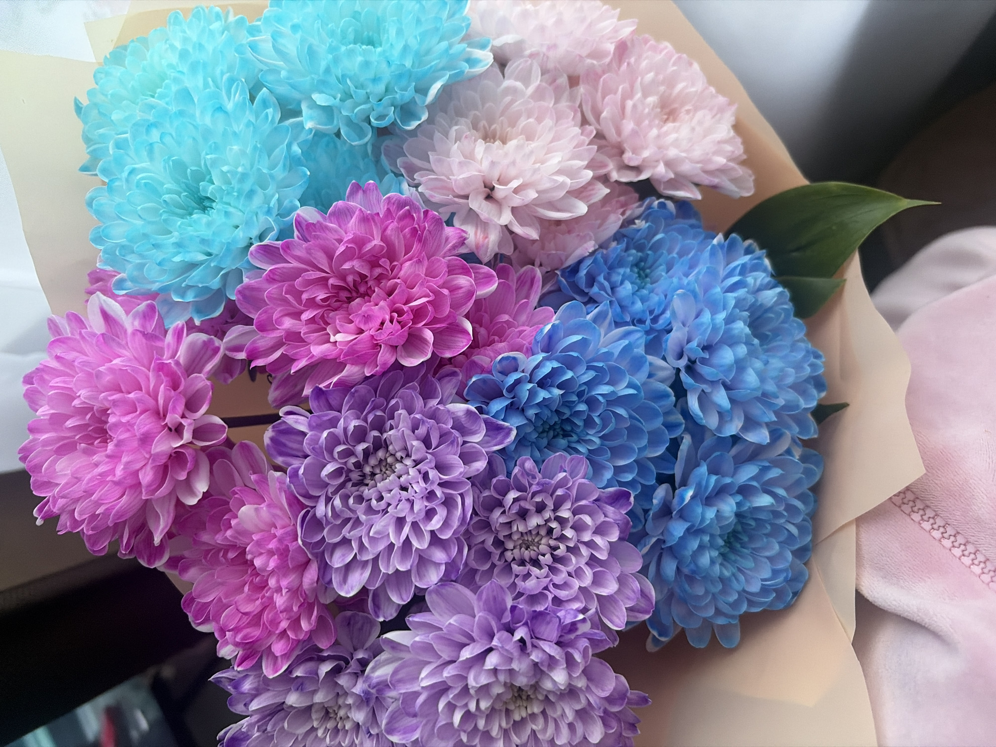 A close-up shot reveals a bouquet of colorful chrysanthemums. The flowers are arranged in a mix of light blue, pink, bright pink, deep blue, and purple. The flowers are bunched together and wrapped in cream-colored paper. A single green leaf is also visible among the flowers. The bouquet is partially set against a pink, patterned fabric. The city and country are not discernible from the image.