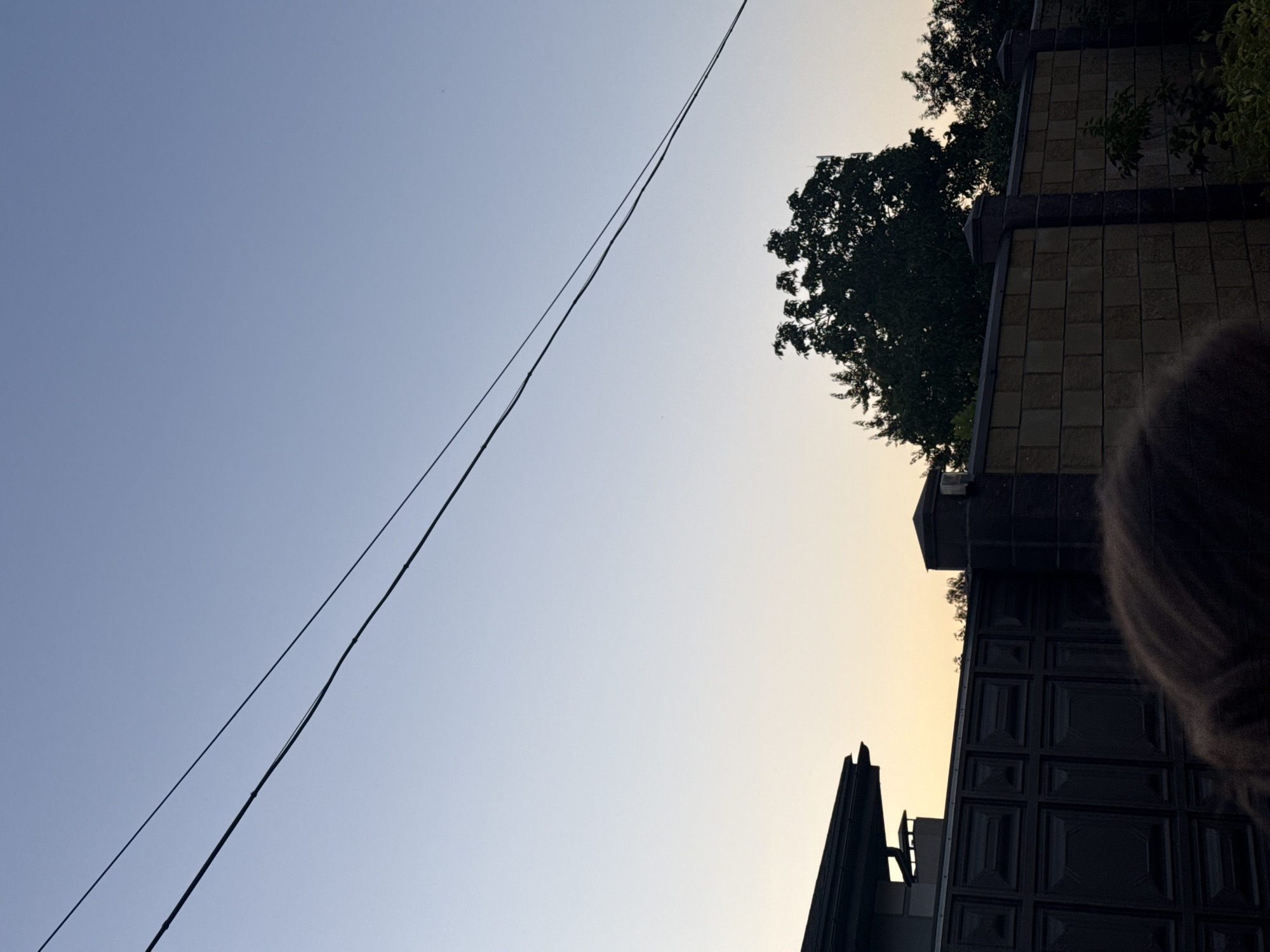 A vertical, medium-shot photograph taken outdoors at dusk in Obukhivka, Ukraine, captures a scene dominated by a pale blue sky with a gradient of warm, pale yellow near the horizon. Two dark, thin power lines stretch diagonally across the upper portion of the frame. Below the sky, a dark, large-panel fence with decorative indentations runs horizontally, punctuated by a section of lighter, stone-like block fencing topped with dark pillars. A dark, angular roofline of a building is visible on the far left, extending over the fence. A dark, leafy tree is prominent in the middle-right background, with other trees and foliage visible behind the fence. In the foreground, a blurry, dark mass, appearing to be the head of a person, occupies the bottom portion of the image. The overall impression is one of a residential outdoor space at twilight.