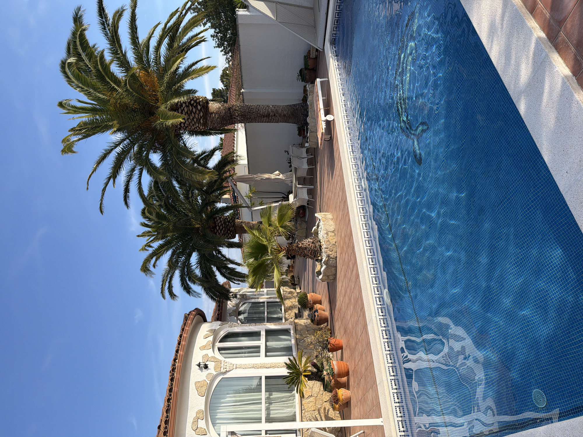 The image shows a swimming pool area in Mont-roig del Camp, Spain. A blue tiled pool with mosaic details occupies a significant portion of the frame. Adjacent to the pool is a paved area with terracotta-colored tiles, where potted plants of various sizes are arranged. A building with white walls and arched windows, decorated with stone accents, stands along the edge of the paved area. Several palm trees are visible, providing shade and adding to the tropical ambiance. White patio furniture, including chairs and tables, is arranged near the building. The sky is clear blue with minimal clouds.