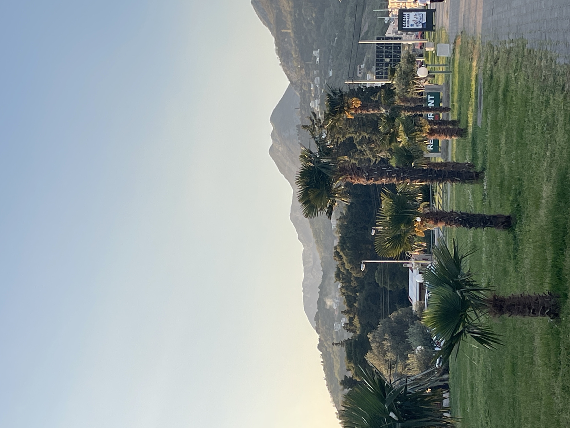 The image shows a landscape in Bar, Montenegro. In the foreground, there is a row of palm trees along a green grassy area. Behind the trees and grass, mountains rise up. The sky is clear and blue. In the middle ground, a street with infrastructure, including signs and street lights, can be seen. The text "RESTAURANT" is visible on one of the signs.