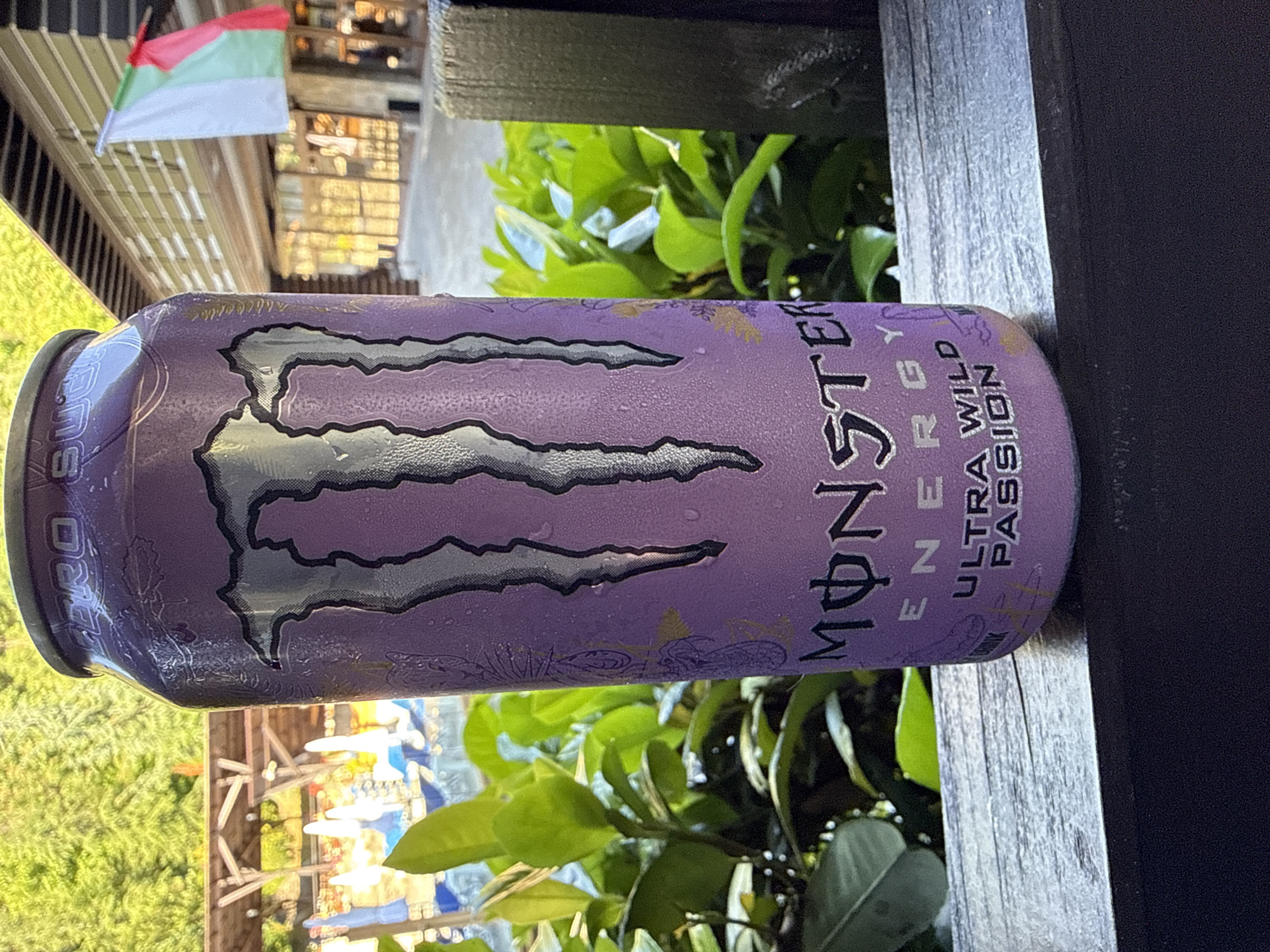 The image shows a can of Monster Energy Ultra Wild Passion drink. The can is purple with the distinctive Monster logo in silver and black. Condensation droplets cover the can. It sits on a weathered wooden surface. In the background, out of focus, are green plants and a partially visible building or structure. A small flag, possibly Bulgarian, is seen in the upper left corner. Based on the visible elements (architecture and flag), the location is suggestive of Veliko Tarnovo, Bulgaria, but cannot be confirmed with certainty.