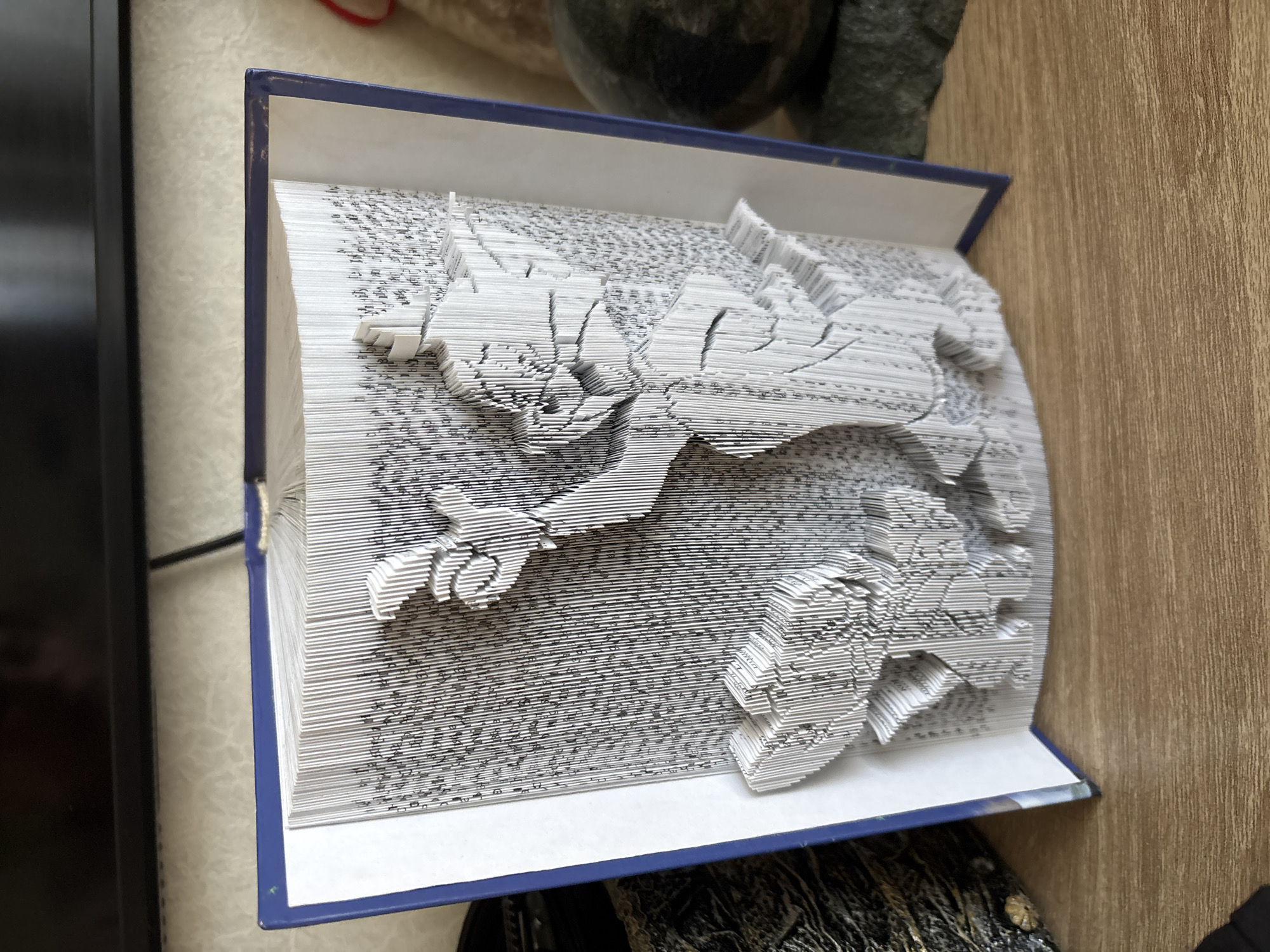 A book, presumably repurposed, with its pages meticulously folded to create a three-dimensional image of an animal, possibly a cat or lynx, is viewed from above at a slight angle on a light brown wooden surface. The book has a blue cover and white pages, and the folded pages create an intricate design that stands out against the backdrop of the printed text on the pages. Part of a dark object, possibly stone, is visible in the background. The object beneath the book is black and tan, with a metallic shine. An electrical cord runs behind the book, exiting the frame from the left edge.