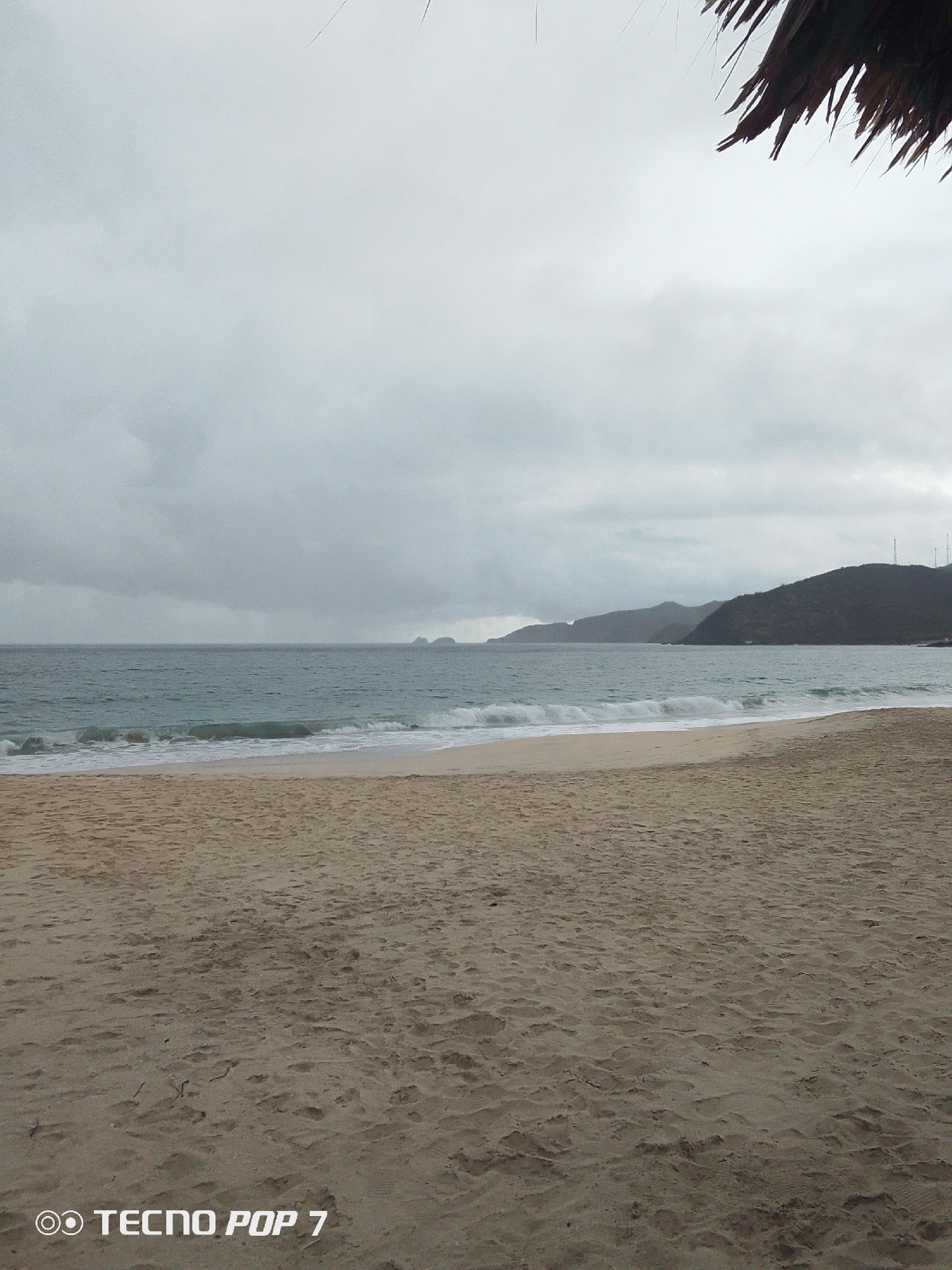 The image shows a beach scene on an overcast day. The sky is covered with gray clouds. The sea is a dark turquoise, with gentle waves approaching the shore. The sand is beige and appears slightly damp. Some sparse vegetation is visible on the right of the image, possibly part of a palm tree. In the background, there are hills or mountains. In the distance, there appear to be communication towers visible near the water's edge. There are no people visible in the shot. According to metadata, the image was captured at Playa El Agua, Pedro González, Venezuela.