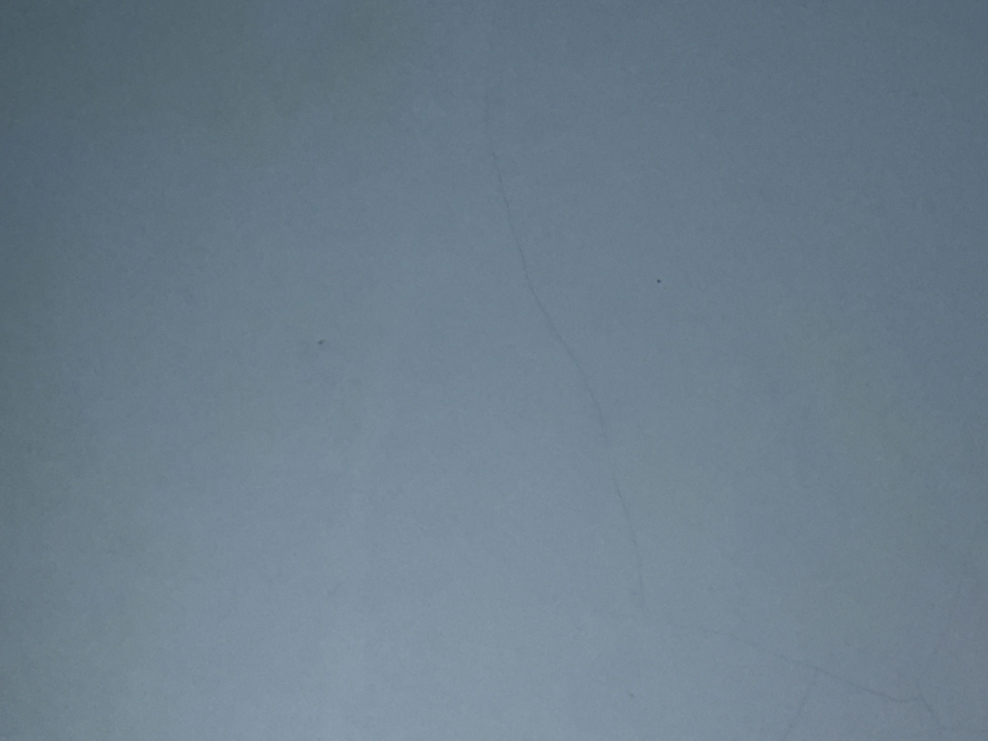 The image is a close-up, horizontal shot of a textured, light blue wall. Faint, thin cracks are visible across the surface of the wall. There are also two small, dark specks, possibly dust or imperfections, on the wall. The lighting appears to be coming from the top left, casting subtle shadows and highlighting the texture of the wall. There are no people, objects, or discernible features that would indicate a specific location in Slahung, Indonesia. The scene is devoid of any activity or context beyond the visual characteristics of the wall itself.