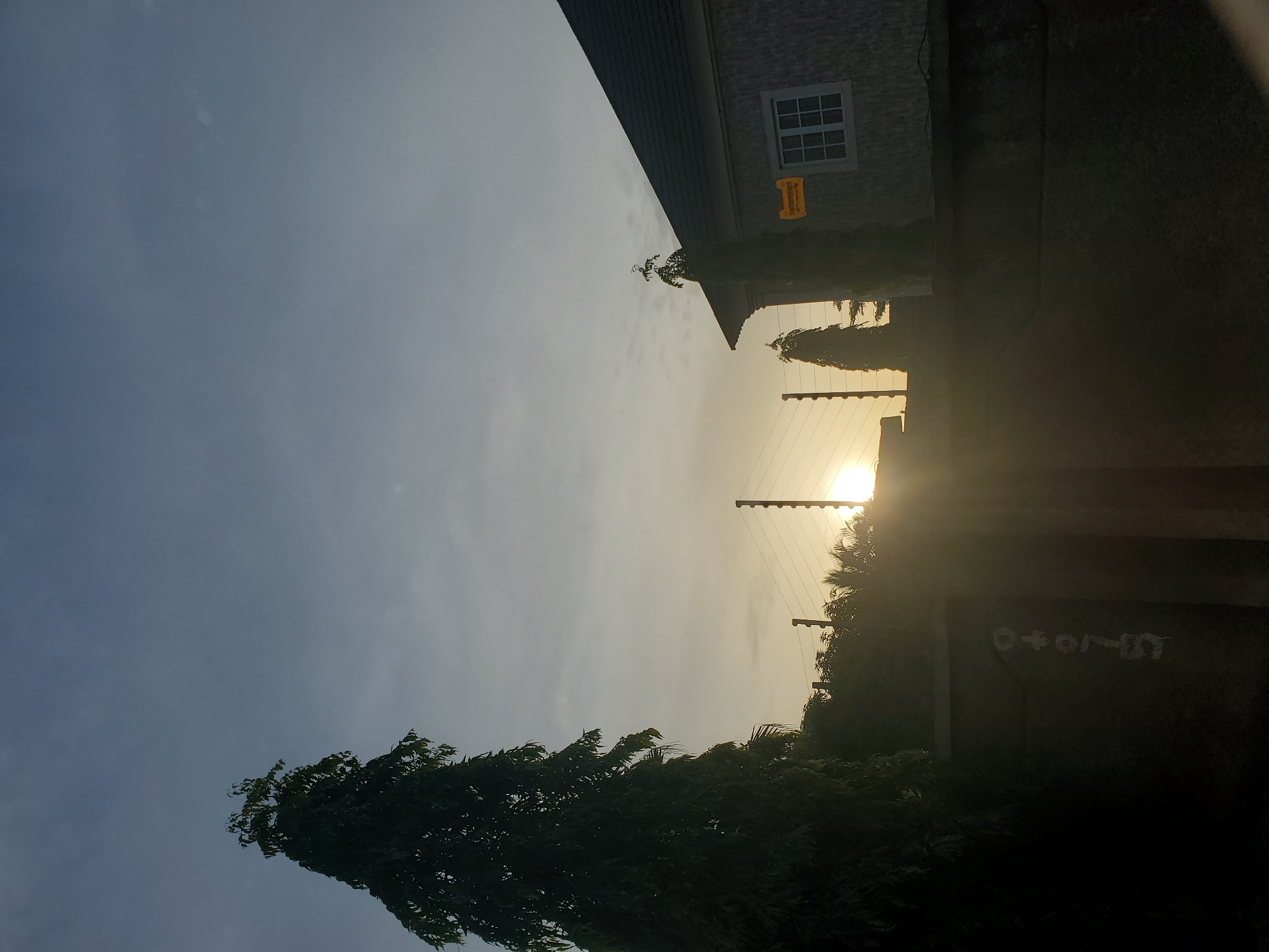 The image depicts a view of a residential area during sunrise or sunset, likely in Jos, Nigeria. A tall, slender tree with dense foliage dominates the left side of the frame, silhouetted against a pale, hazy sky. In the middle ground, a fence with electric wire is visible, with a building on the right. The building is a light-colored, two-story structure with a dark roof and a window. There is a yellow sign mounted on the building. The foreground is a dark, textured wall with some white markings that appear to be numbers or letters, possibly graffiti or faded signage. The sun's rays are visible, creating a strong lens flare and casting a golden glow. The overall impression is of a quiet, possibly suburban setting.