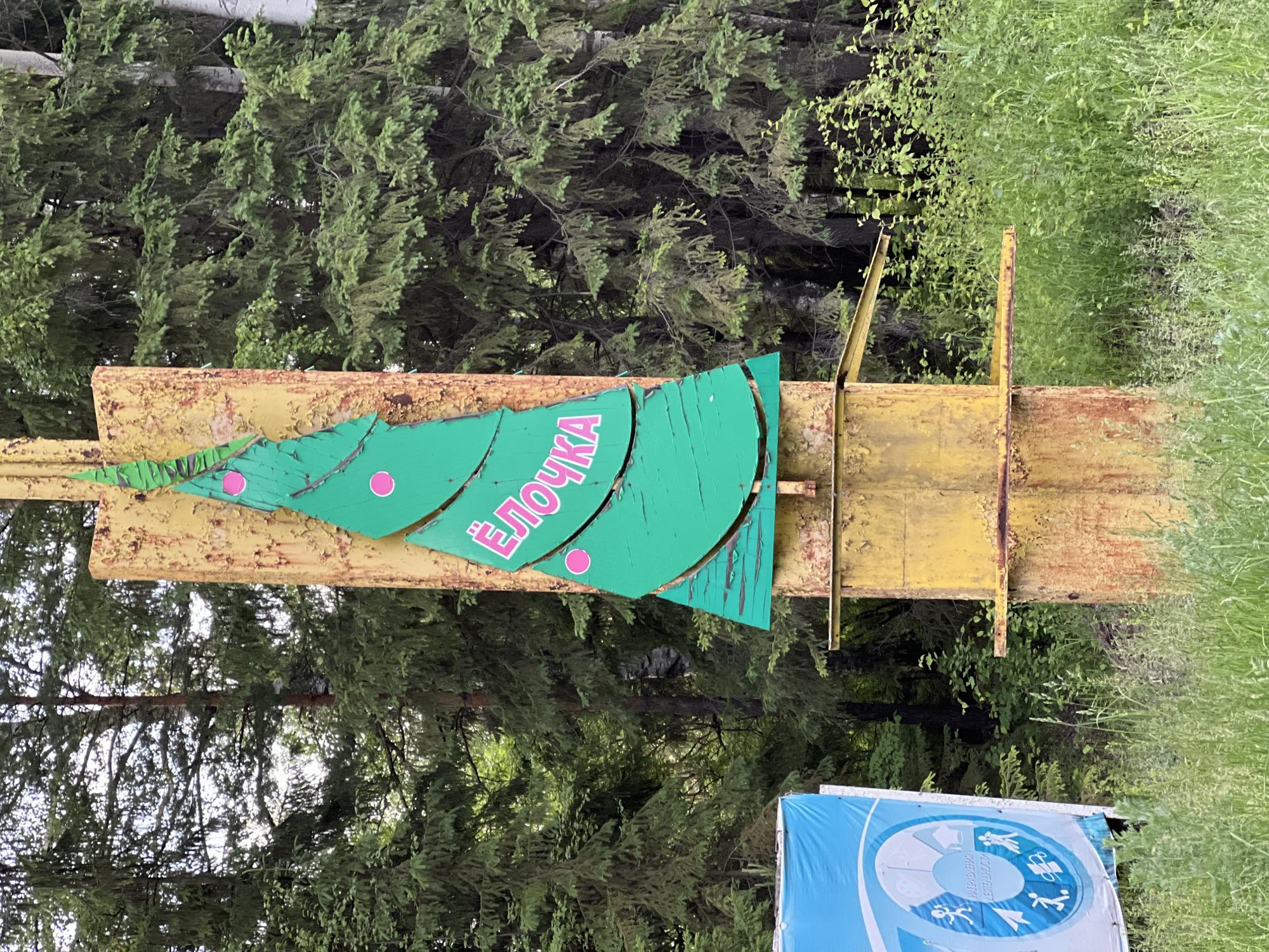 The image displays an outdoor scene featuring a weathered, stylized sign set against a backdrop of dense greenery. The main subject is a large sign constructed from rusted yellow metal, featuring a green, multi-layered cut-out in the shape of a Christmas tree. Pink circular dots adorn the green tree shape, resembling ornaments. Prominently displayed on the green tree, in bold pink Cyrillic letters, is the word "ЁЛОЧКА" (YOLOCHKA), which translates to "little fir tree" or "Christmas tree."
The metal support structure for the sign shows significant rust and peeling yellow paint, indicating age and exposure to the elements. In the background, lush, dark green coniferous trees are visible, suggesting a forest or natural park-like setting. To the right of the sign, lighter green foliage and tall grass are present. In the bottom right corner, a portion of a blue and white banner or tarp is visible. This banner features abstract designs and pictograms of people, along with partially visible Russian text, including "НРАВСТВЕННОСТИ" (morality) and "ЦЕЛЕУСТРЕМЛЕННОСТИ" (purposefulness).
The scene is captured during the daytime, likely under overcast conditions or indirect sunlight, given the soft lighting and lack of harsh shadows. The overall impression is one of a rustic, possibly long-standing public or recreational area. The presence of the Cyrillic text and the location context of Банное, Russia, confirm the geographical setting. No direct activity is taking place; the image is a static portrayal of an outdoor installation.