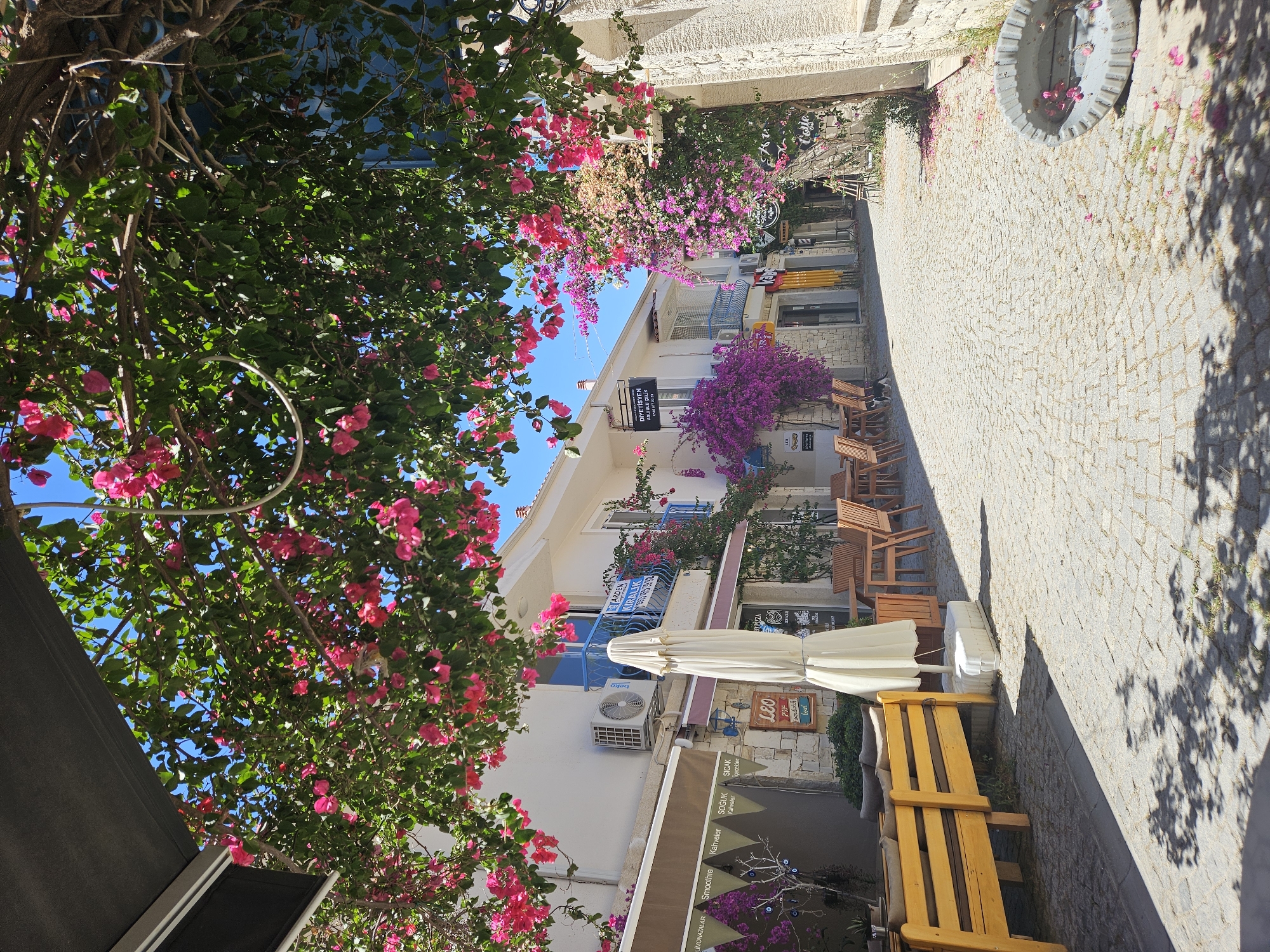 The image depicts a charming, sun-drenched street in the historic town of Seferihisar, Turkey, likely within its well-preserved old town center. The street is paved with cobblestones, indicating its age and traditional character. Abundant bougainvillea flowers, in vibrant shades of pink and purple, cascade from the balconies and overhangs of white-washed buildings, creating a colorful and romantic canopy over the scene.
On the left side of the street, a row of shops and cafes is visible. One establishment, marked with a "LEO" sign, appears to be a food establishment, possibly a cafe or restaurant, with outdoor seating. Wooden tables and chairs are set up on the cobblestone pavement, suggesting a relaxed dining or coffee-drinking atmosphere. A large, cream-colored umbrella is partially closed, standing next to the seating area. Further down the street, awnings and signs for other businesses like "Limomatalar," "Smoothie," "Kahveler," "Soğuk Sıkca," and "Sigac" are discernible, hinting at a lively commercial area.
The buildings themselves exhibit traditional architecture, with white facades and blue accents on balconies and window frames. Air conditioning units are mounted on the walls, suggesting modern amenities within the historic structures.
On the right side of the street, the architecture continues with similar white buildings, and more bougainvillea flowers are in bloom, adding to the picturesque setting. A rough, circular stone planter filled with some greenery and pink flowers is located near the foreground on the right, adding a rustic touch. The overall impression is one of a peaceful, aesthetically pleasing, and culturally rich streetscape characteristic of a Turkish coastal town. No people are clearly visible in the image, but the presence of outdoor seating implies that the area is frequented by visitors and locals.