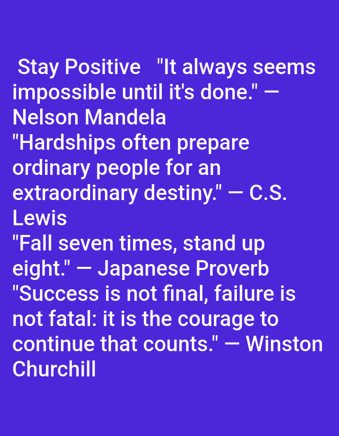The image is a text-based graphic with white text on a solid blue background. The text consists of a collection of motivational quotes attributed to different figures: Nelson Mandela, C.S. Lewis, a Japanese Proverb, and Winston Churchill. The phrase "Stay Positive" is included at the top. There is no indication of the location in Adankolo, Nigeria.