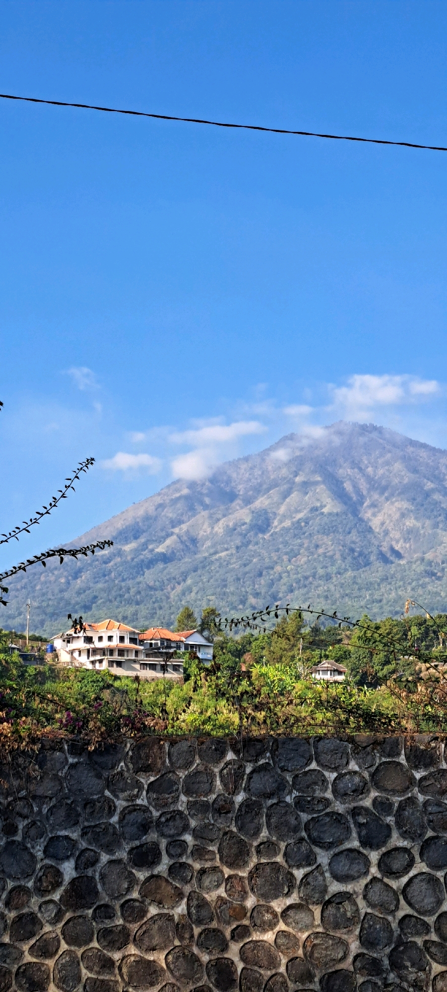 The image depicts a panoramic view of a mountainous landscape under a clear blue sky with scattered clouds. In the foreground, a textured stone wall is visible, topped by lush green vegetation and some flowering plants. Behind the wall, a cluster of buildings with red-tiled roofs stands amidst dense greenery. A large, tree-covered mountain range dominates the background, with its peak partially obscured by mist or clouds. A thin black wire stretches across the upper portion of the frame. The overall scene suggests a tranquil, natural setting, likely in a rural or semi-rural area, possibly a resort or residential area located in the vicinity of Sukolelo, Indonesia, given the presence of tropical vegetation and architectural styles.
