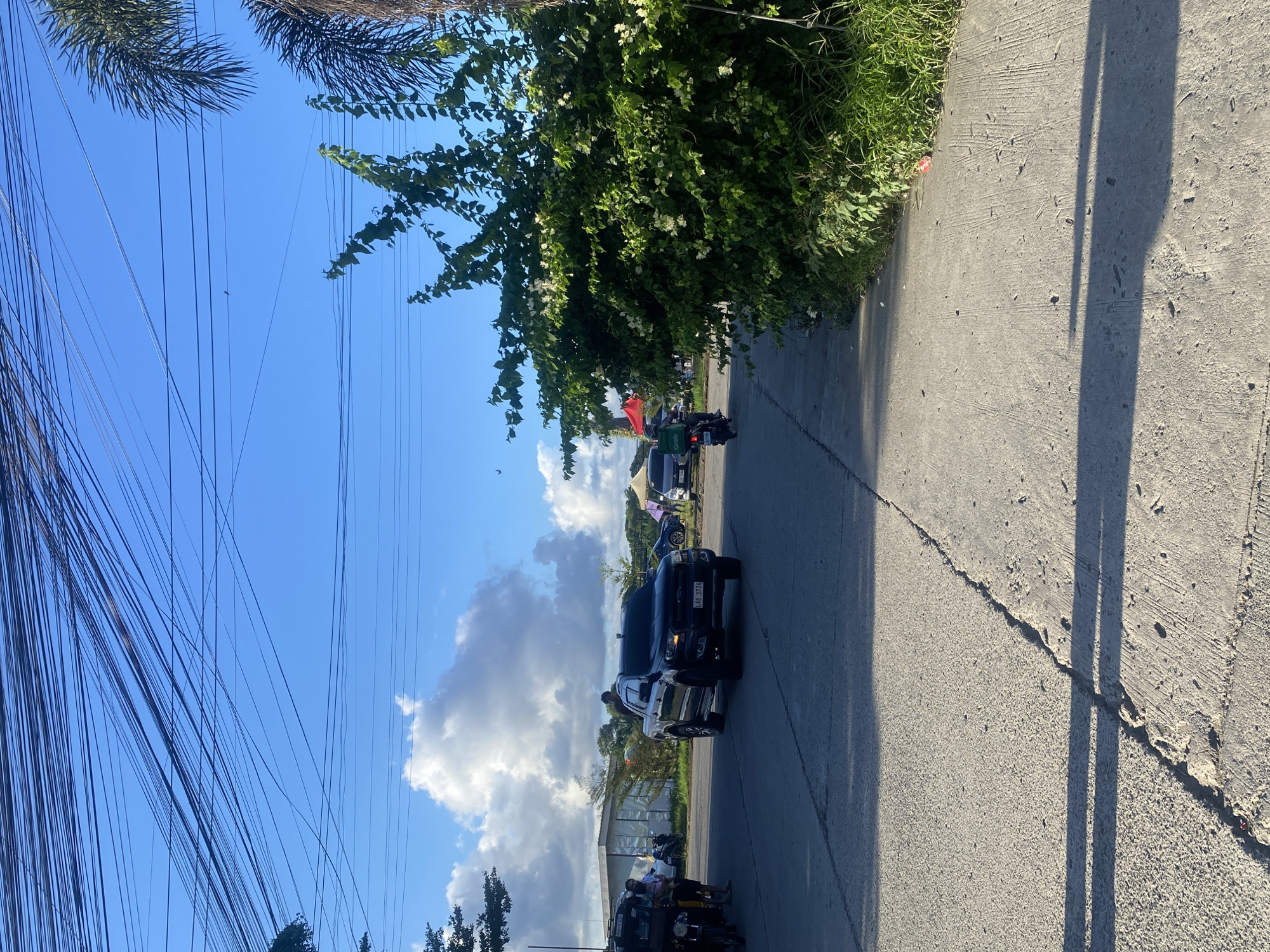 The image depicts a street scene in Davao City, Philippines, under a bright blue sky with scattered clouds. In the foreground, a concrete road with visible cracks and tire marks stretches into the distance. Power lines are strung overhead, crisscrossing the sky. On the right side of the road, a dense, green bush with white flowers occupies a significant portion of the frame.
Several vehicles are present on the road. A black pickup truck, possibly a Ford Ranger, is driving in the left lane, its headlights illuminated. A person is visible in the driver's seat. To the left of the pickup truck, a person is standing near a motorcycle, holding a child. Further down the road, a person on a motorcycle wearing a green Grab delivery jacket is visible. In the background, other vehicles and structures, including what appears to be a white building with a blue roof and a tent, are present. Palm trees and other foliage are also visible, suggesting a tropical or sub-tropical environment. The overall impression is of a typical street scene in a Philippine city on a clear day.