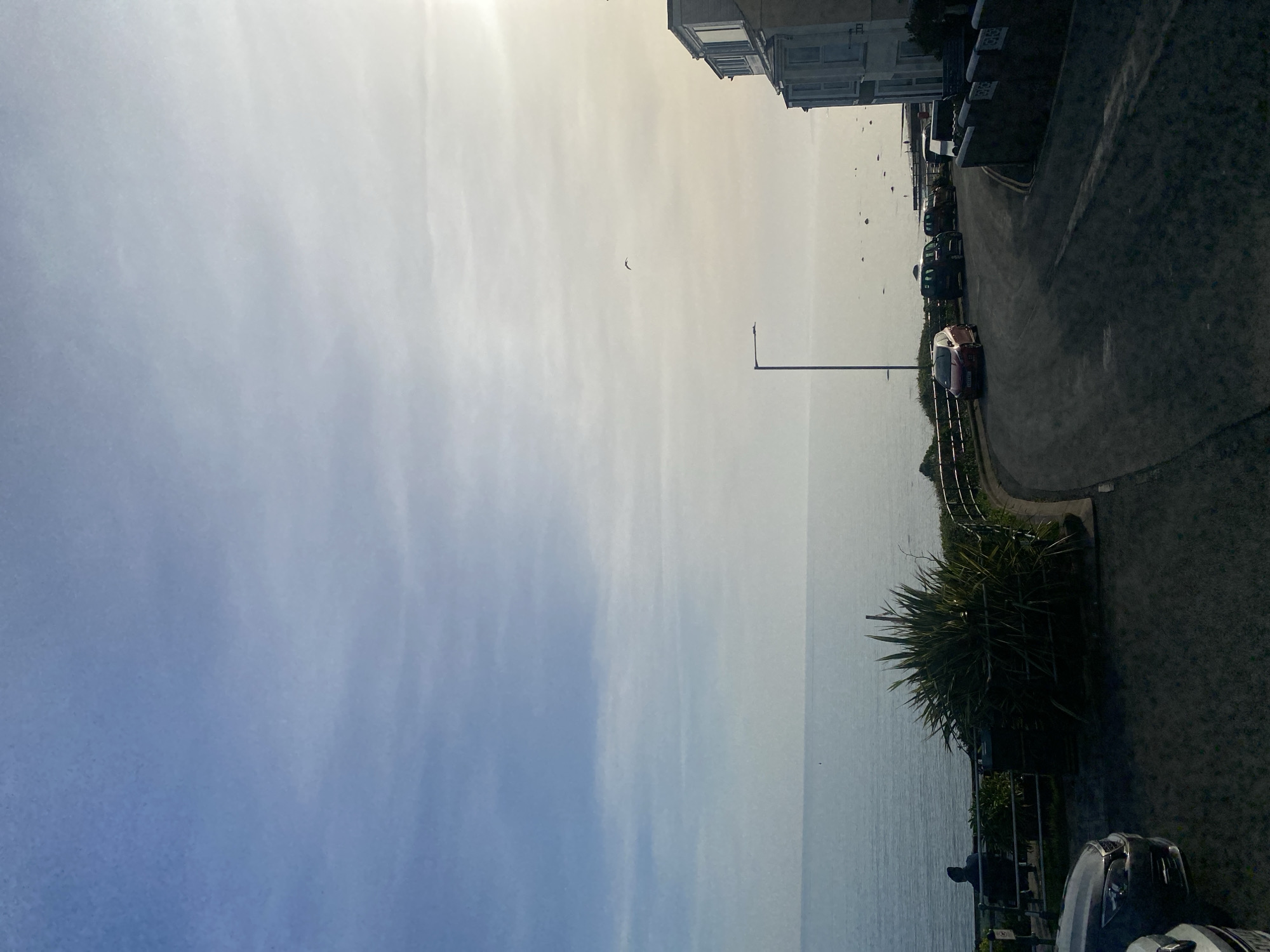 The image depicts a coastal scene in Criccieth, United Kingdom. The sky, predominantly blue, transitions to a lighter hue towards the horizon. Below, the sea extends to the horizon line. A street runs along the coastline, with parked cars visible. Buildings line the opposite side of the street. Vegetation, including a large shrub, grows along the seawall. A streetlamp is positioned along the street. In the distance, more cars and buildings can be seen. A bird is visible in the sky.