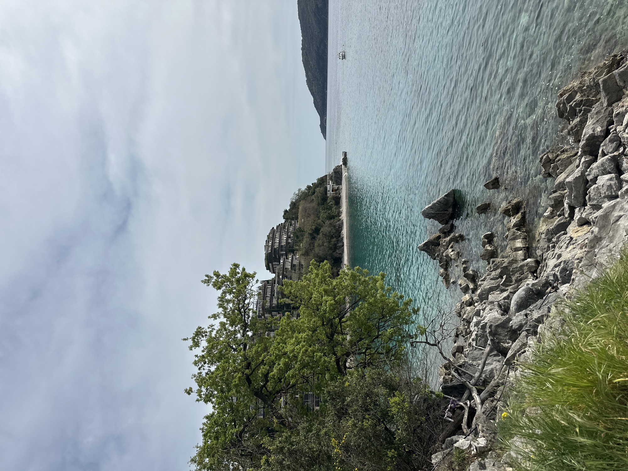 The image shows a coastal scene in Budva, Montenegro. The turquoise water of the Adriatic Sea stretches out, meeting a rocky shoreline in the foreground. Large gray rocks dominate the lower right, intermixed with sparse vegetation. A cluster of green trees and shrubs fills the lower left corner, partially obscuring the view. In the middle ground, a hillside is dotted with multi-story buildings, appearing as concrete structures clinging to the slope. A small beach is visible at the base of the buildings. A distant, darker green mountain range rises along the horizon, with a small boat visible on the water near the land. The sky is overcast with a mix of light gray and white clouds.