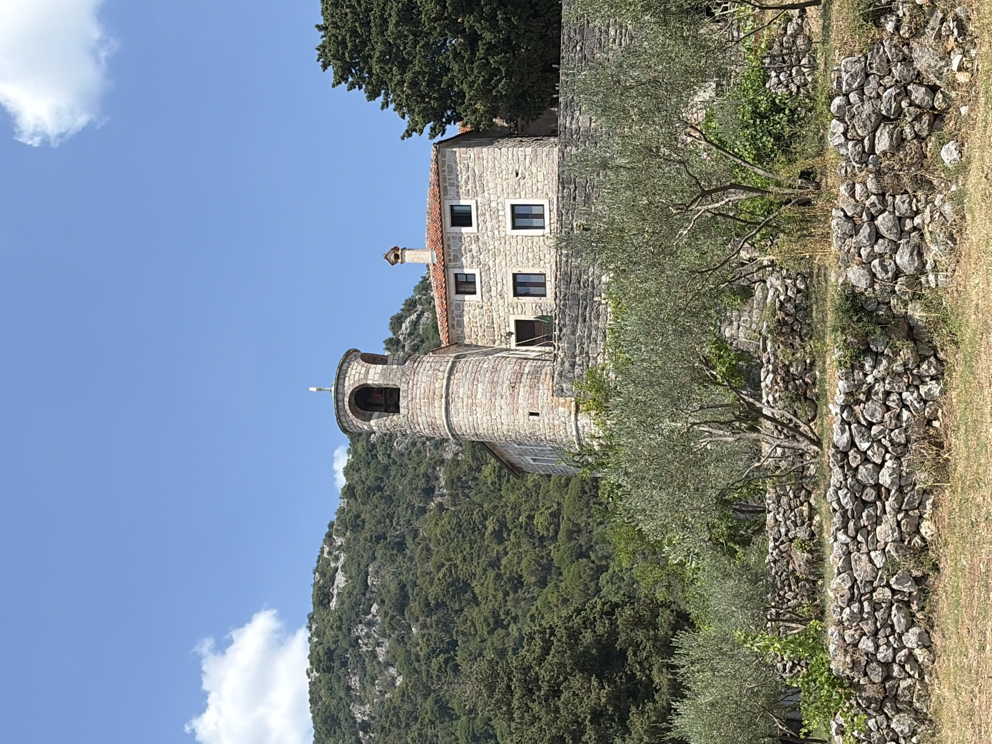 A stone building with a round tower stands against a backdrop of lush green hills under a clear blue sky. The building, constructed of rough-hewn stones, has a reddish-tiled roof and multiple windows with dark frames. A prominent stone tower, also circular, features an arched opening at the top, possibly indicating a bell tower, with a small cross visible. The setting appears to be in a rural or mountainous area, given the dense forest covering the hills and the presence of dry stone walls and olive trees in the foreground. The dry stone walls are built with irregular rocks and seem to define terraces or garden areas. The olive trees have gnarled branches and are a vibrant green, suggesting a Mediterranean climate. The overall scene evokes a sense of history and rustic charm. The lighting suggests it is daytime, with bright sunlight casting shadows. There is no visible text in the image.