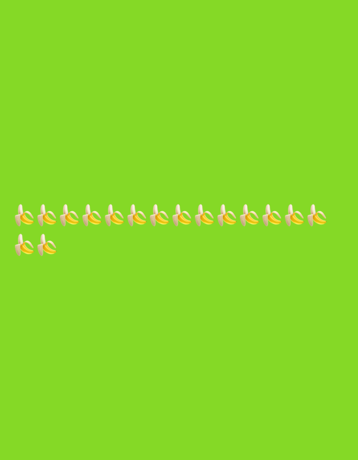 An image shows a line of cartoon bananas against a solid green background. The bananas are yellow with brown tips and are arranged in a single row horizontally across the lower portion of the frame. There are two additional bananas to the left, also in a single row. The image does not contain any elements that would indicate a location in Islamabad, Pakistan.