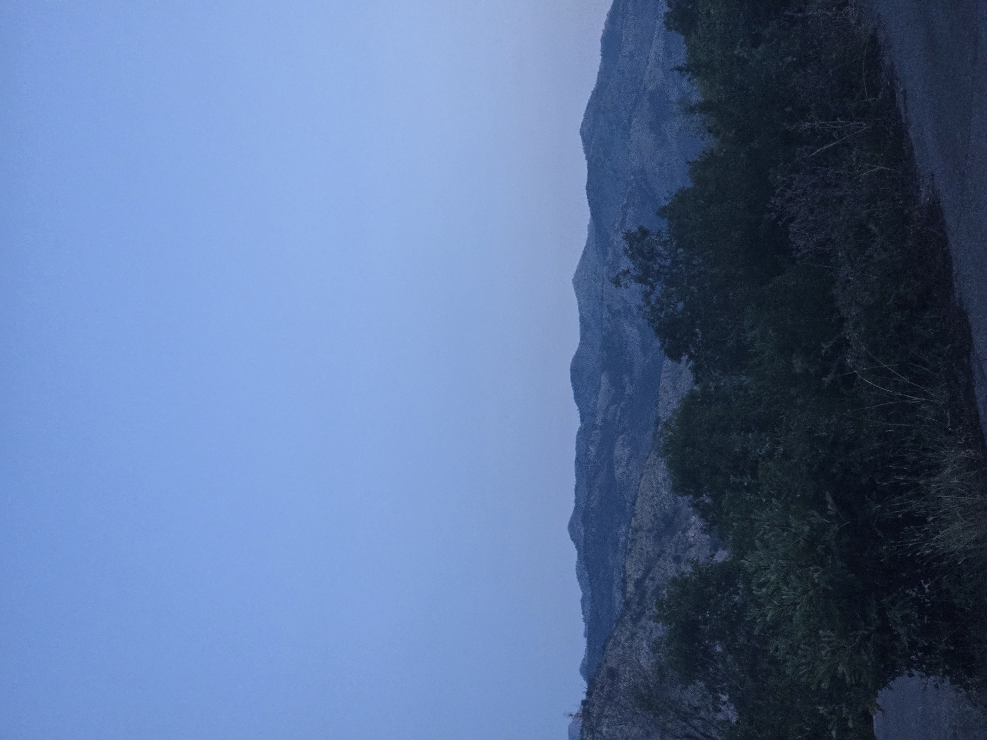 The image depicts a twilight landscape scene, with a vast, clear blue sky occupying the upper two-thirds of the frame. Below the sky, a series of rolling hills and mountains are visible, rendered in muted shades of blue and gray due to the low light conditions. The terrain appears rugged and sparsely vegetated, with the contours of the land subtly illuminated. In the foreground, a dense line of dark green foliage, likely trees and bushes, stretches across the width of the image, obscuring the base of the hills. A paved surface, possibly a road or pathway, is visible in the bottom right corner, suggesting it is part of a roadside viewpoint. The overall impression is one of natural tranquility just before nightfall. The location is identified as Klopot, Montenegro. There are no people, animals, or discernible actions or interactions present in the scene.