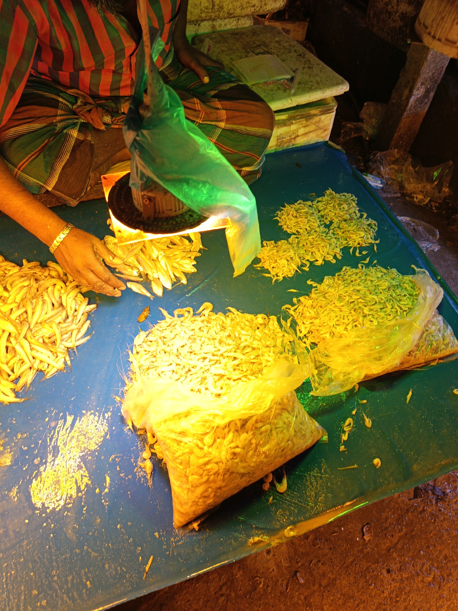 A street vendor in Dhaka, Bangladesh, sits cross-legged in a striped red and green sarong on a blue tarpaulin-covered table, weighing small fish or shrimp. Several piles and bags of small, yellow-toned seafood are arranged on the table. The vendor, wearing a gold bracelet, is using a green plastic bag to dispense seafood onto the scale. Behind the table, there are white containers and a wooden post. The floor is dark and stained.