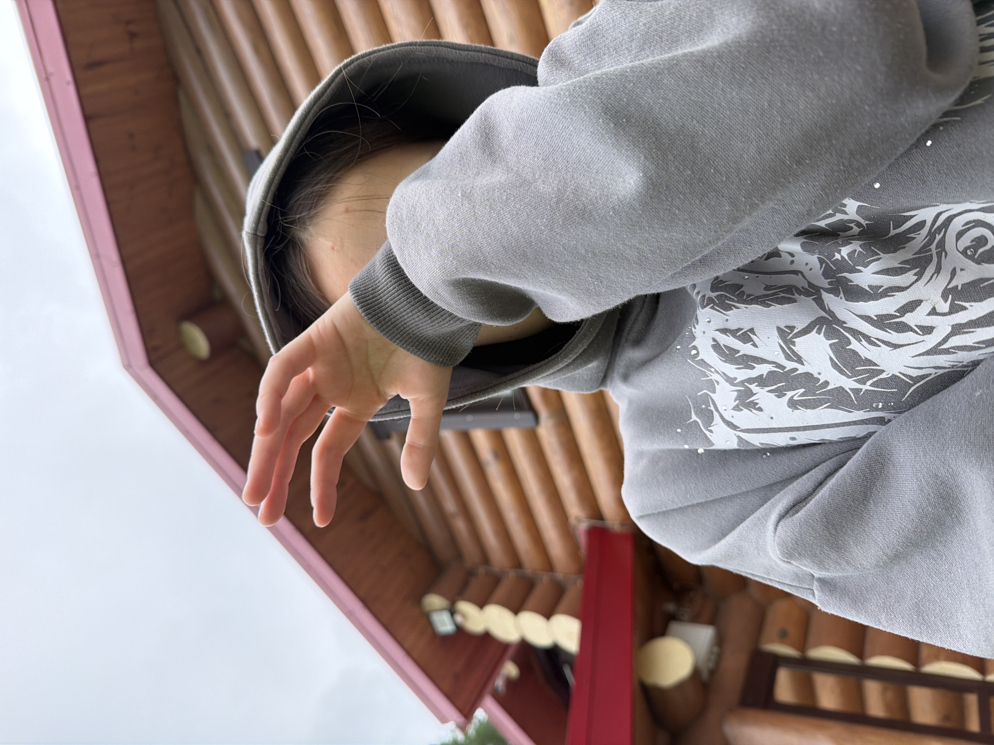 This low-angle, close-up photograph captures a person, likely a child or young adult, outdoors against an overcast sky. The subject wears a grey hooded sweatshirt, with their face partially obscured by their outstretched left arm and hand as they look upwards. A portion of their forehead and dark hair are visible beneath the hood, with a small reddish blemish discernible near their temple. The sweatshirt features a prominent, abstract white graphic design on the torso, possibly stylized patterns or an animal, accented with small, reflective embellishments like rhinestones or glitter. The fabric of the sweatshirt appears slightly textured and fleecy.
In the background, a rustic wooden log cabin-style building is visible, with horizontal logs forming the structure. A distinctive pinkish-red or dark red eave or trim board runs along the edge of the roofline. Several light-colored, possibly round or rectangular, outdoor light fixtures are mounted on the wooden structure. A glimpse of a wooden railing is also present further in the background. The sky is bright and uniformly light grey or white, indicating an overcast day with no direct sunlight. The overall scene suggests a casual outdoor moment in a natural or resort-like setting, consistent with the specified location of Chaikovsky, Russia. No visible text is present in the image.