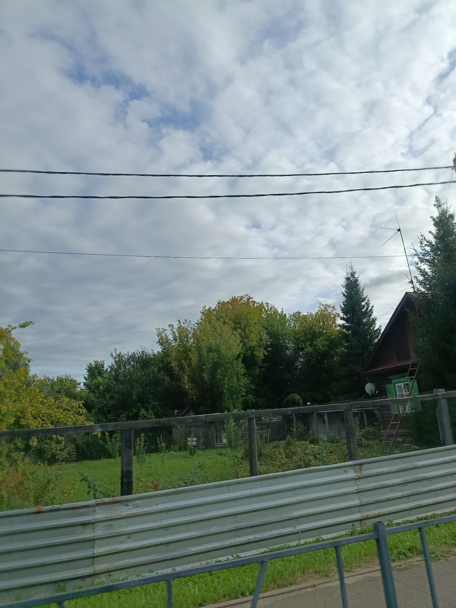 The image captures a view of a rural property in Verea, Russia, under a cloudy sky. In the foreground, a corrugated metal barrier runs horizontally across the frame, with a dark metal fence partially visible below it. Beyond the barrier, a wooden fence encloses a green yard with scattered vegetation. In the background, a dark wooden house with a green window and a red ladder leaning against it is visible, partially obscured by trees. Several evergreen and deciduous trees, some with autumn foliage, surround the property. Power lines stretch across the upper portion of the image. An antenna is mounted on the roof of the house. The scene appears to be a residential area on the outskirts of the city.