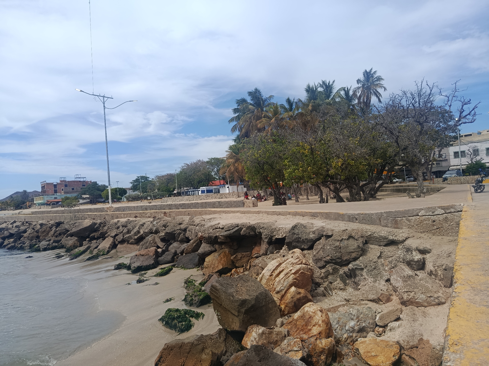 The image shows a coastal scene in Juan Griego, Venezuela. In the foreground are large rocks and sand, with some green algae. A concrete wall separates the beach from a paved area where trees are planted. Further inland, there are buildings and people visible. A tall light pole stands near the edge of the scene. The sky is partly cloudy.