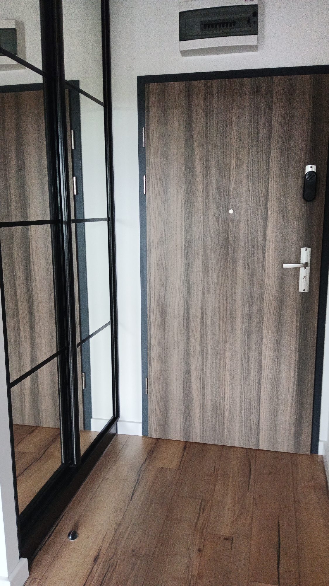 An interior shot of a hallway shows a closed wooden door with a modern metal handle and a peephole. To the left of the door is a large mirrored wardrobe with a black frame. The floor is made of wood planks. Above the door, a white electrical panel is mounted on the wall. This scene is likely located in a residential building in Zielona Góra, Poland.