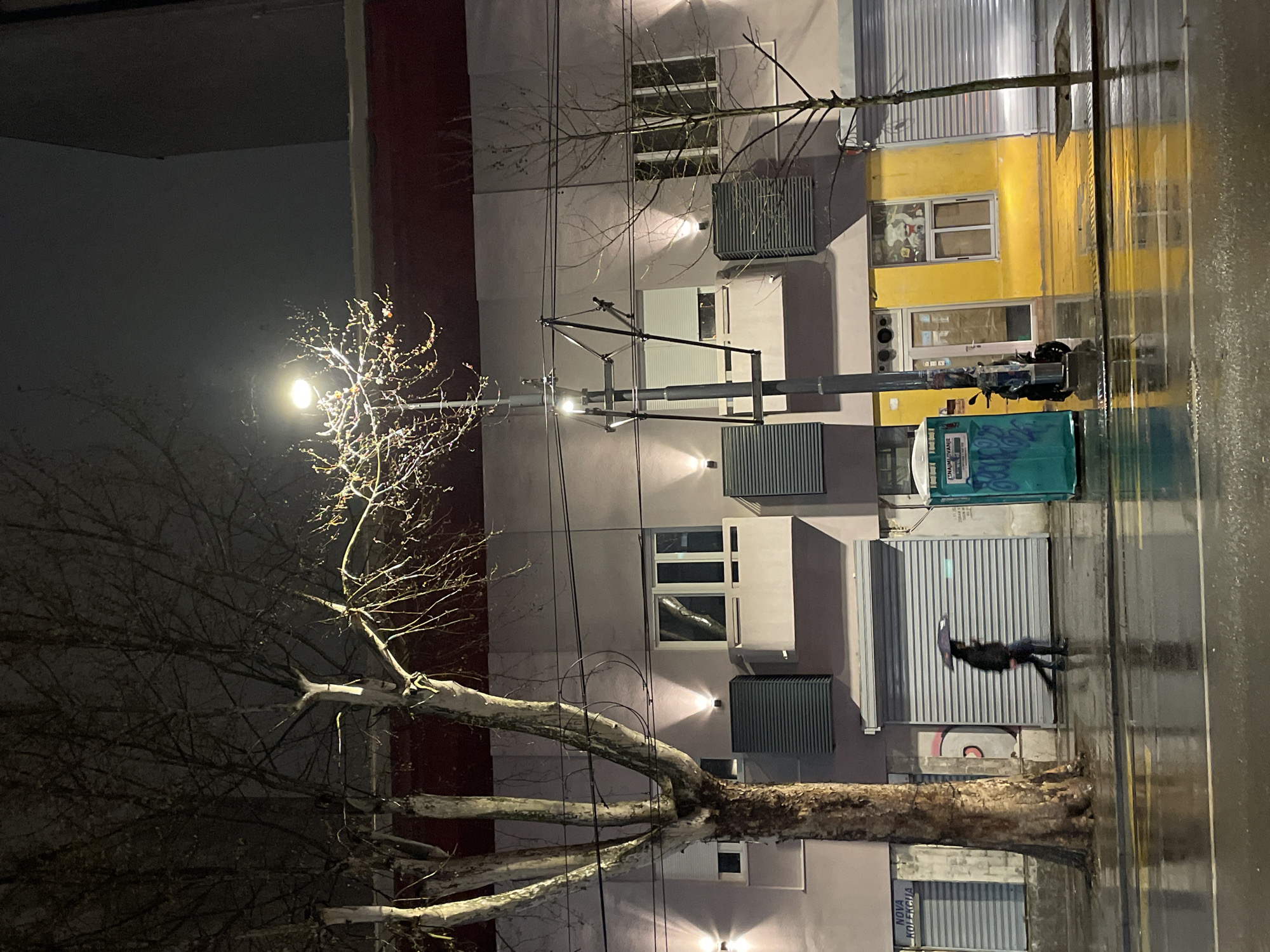 The image depicts a street scene at night in Belgrade, Serbia. A tall building with a mix of residential and commercial spaces is visible. Some units have closed metal shutters, while others are painted yellow. A portable toilet is parked near the building. A bare tree dominates the left side of the frame, illuminated by a streetlight. A person holding an umbrella is walking along the wet pavement. The reflective surface of the street suggests it is raining.