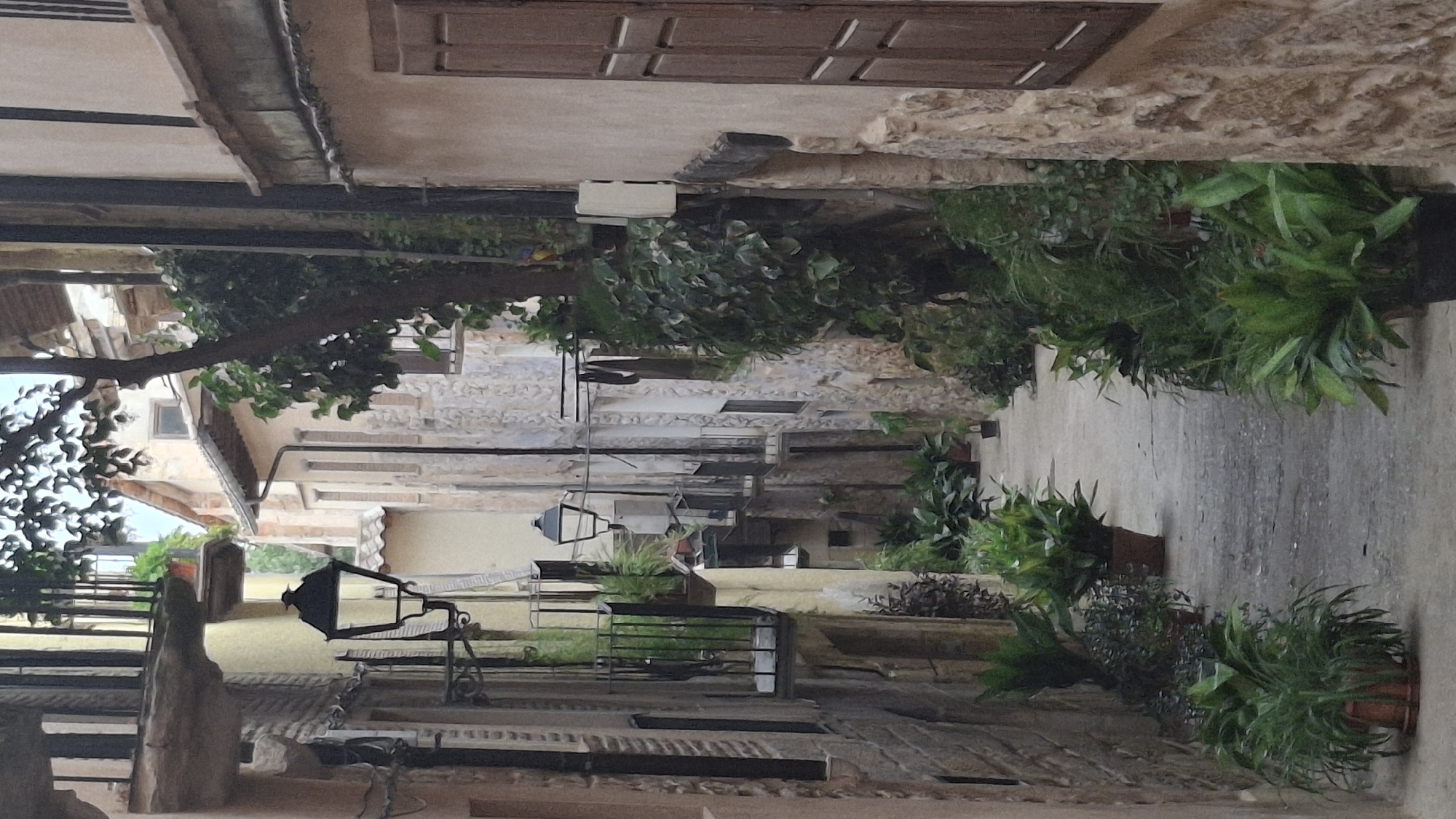 The image depicts a narrow, winding alleyway in the town of La Fresneda, Spain. The alley is lined with old stone buildings, some featuring balconies with wrought-iron railings. Potted plants and greenery are strategically placed along the path and on the balconies, adding a touch of nature to the urban setting. A vintage street lamp hangs from a wall, illuminating the scene. The alley's construction suggests a historical architectural style common in Spanish towns. The overall atmosphere is serene and tranquil, with no people visible in the frame.