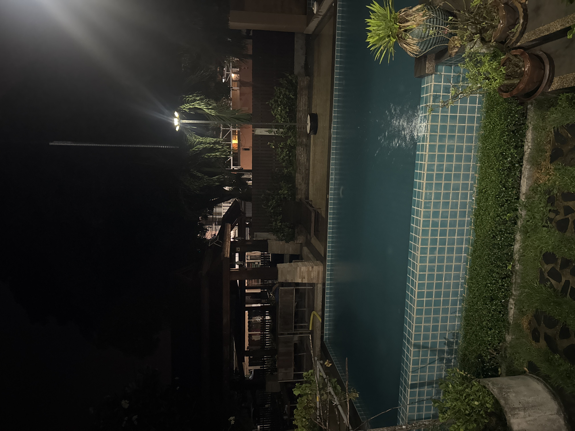 A nighttime exterior shot of a swimming pool area. The pool is illuminated by overhead lights, casting a soft glow on the water's surface. The pool is surrounded by a tiled edge and then a strip of green hedges. Beyond the hedges, there are stone pavers. A large, dark wooden structure, possibly a gazebo or covered patio, is visible in the background, with lights illuminating the interior. Tall palm trees with feathery fronds are scattered throughout the scene. A tall pole with a light fixture at the top stands prominently in the distance. Several potted plants are placed around the pool area, adding a touch of greenery to the scene. The overall atmosphere is tranquil and serene, with the darkness of the night contrasting with the artificial lights.