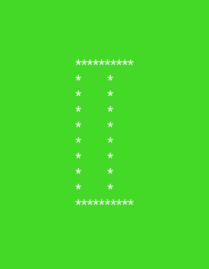 The image is a digital graphic with a bright green background. White asterisks are arranged in a pattern that resembles the letter "I". There is a horizontal line of asterisks at the top and another at the bottom. Between these horizontal lines, there are two vertical columns of asterisks, each separated by a single asterisk width. The "I" shape is centered horizontally in the image and positioned in the upper half. There are no people, objects, actions, or interactions depicted in the image. The location is unknown.