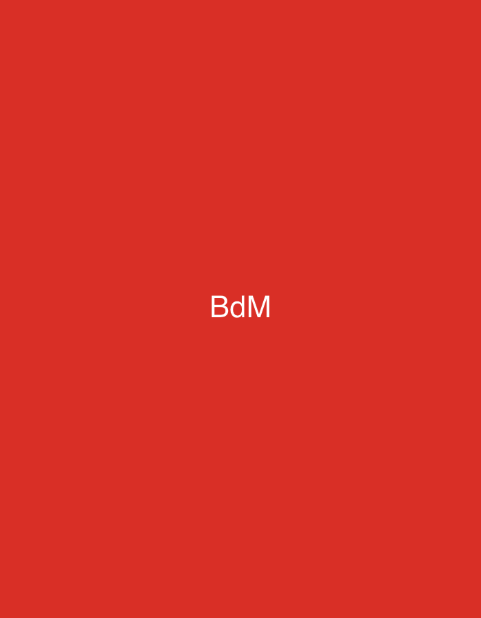 The image displays a minimalist graphic composition featuring a uniform, solid red background. Centered horizontally and vertically on this monochromatic field, the letters "BdM" are rendered in white, sans-serif capital typeface. No other visual elements, figures, objects, or environmental details are present in the frame. The image does not contain any discernible information, landmarks, or contextual clues that would indicate a specific location within Casablanca, Morocco, or any other geographical area.
