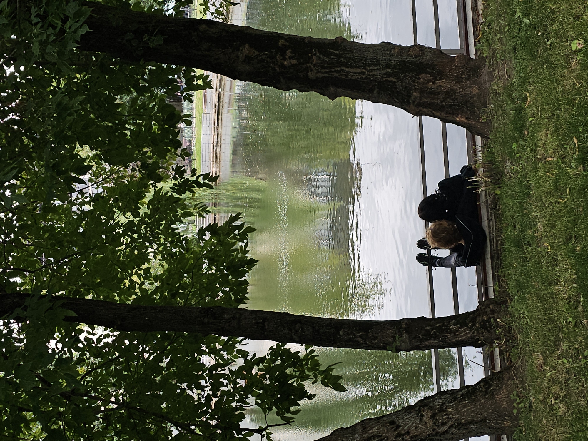 The image depicts a serene park scene by a body of water, likely a pond or a small lake, in Moscow, Russia. Three mature trees with lush green foliage frame the view, casting dappled shadows. In the foreground, a strip of green grass leads to a low railing, behind which a couple is seated on a bench, their backs to the camera. They are leaning into each other, suggesting intimacy. The man has reddish-blond hair and is wearing dark pants and black shoes. The woman has dark hair and is wearing a dark jacket. The water is calm, reflecting the surrounding trees and the overcast sky. Across the water, a walkway with railings and some benches is visible, and further in the distance, buildings can be discerned. The overall atmosphere is peaceful and contemplative.