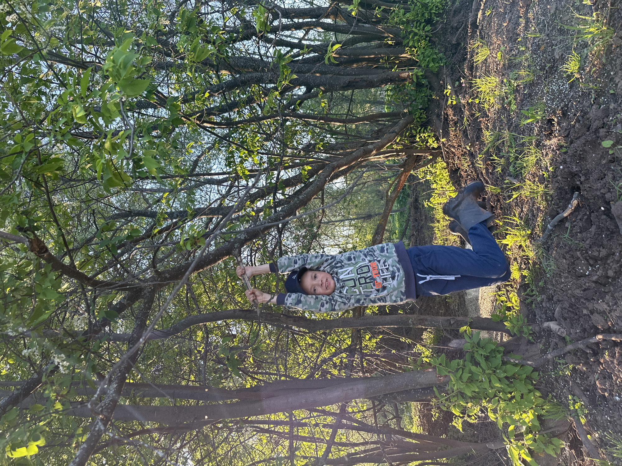 A young person wearing a camouflage-patterned hoodie and dark pants is suspended from a tree branch in an outdoor environment. The individual is gripping the branch with both hands. Tree branches with green foliage surround the person. The ground below is partially covered with vegetation. The location is in the city of Альняш, Russia.