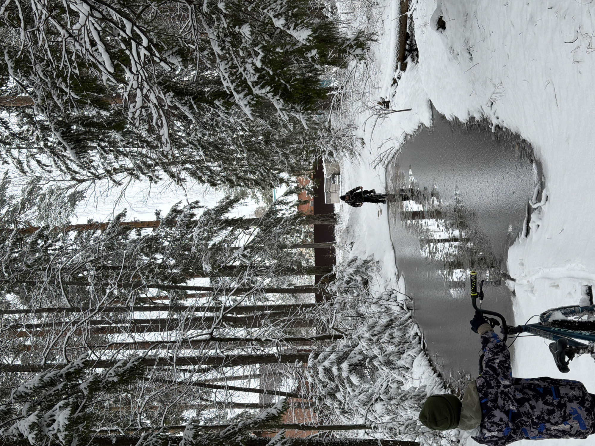 The image depicts a snow-covered environment, possibly in the city of Chaikovsky, Russia. A person is standing near a partially frozen body of water (likely a stream or small river), next to a bicycle. The surrounding landscape includes trees and vegetation heavily laden with snow, giving the impression of a recent snowfall. A person is reflected in the ice on the stream. Some buildings can be seen in the background. The person closest to the camera is wearing a hat and jacket, while the other is further away.