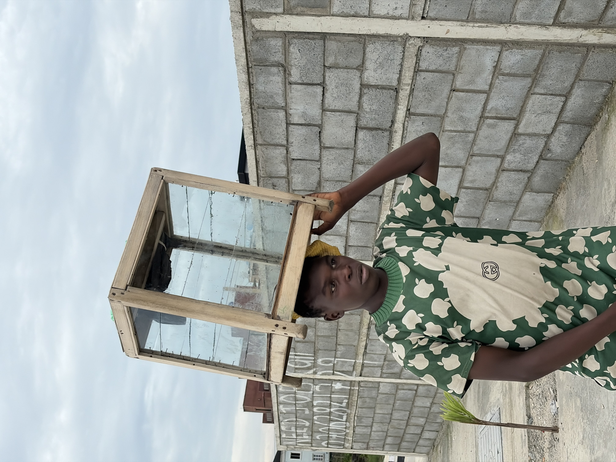 In Igboefon, Nigeria, a young person balances a wooden frame with glass panes on their head. The frame is tilted and appears to be roughly constructed, possibly for a window or display. The individual wears a green and tan t-shirt with an apple pattern and a Gucci logo. They are standing outdoors in front of a grey cinder block wall. In the background, a small tree is visible, and the sky is overcast. To the left, a wall has graffiti on it, including the words "NEED JOB" and a phone number.