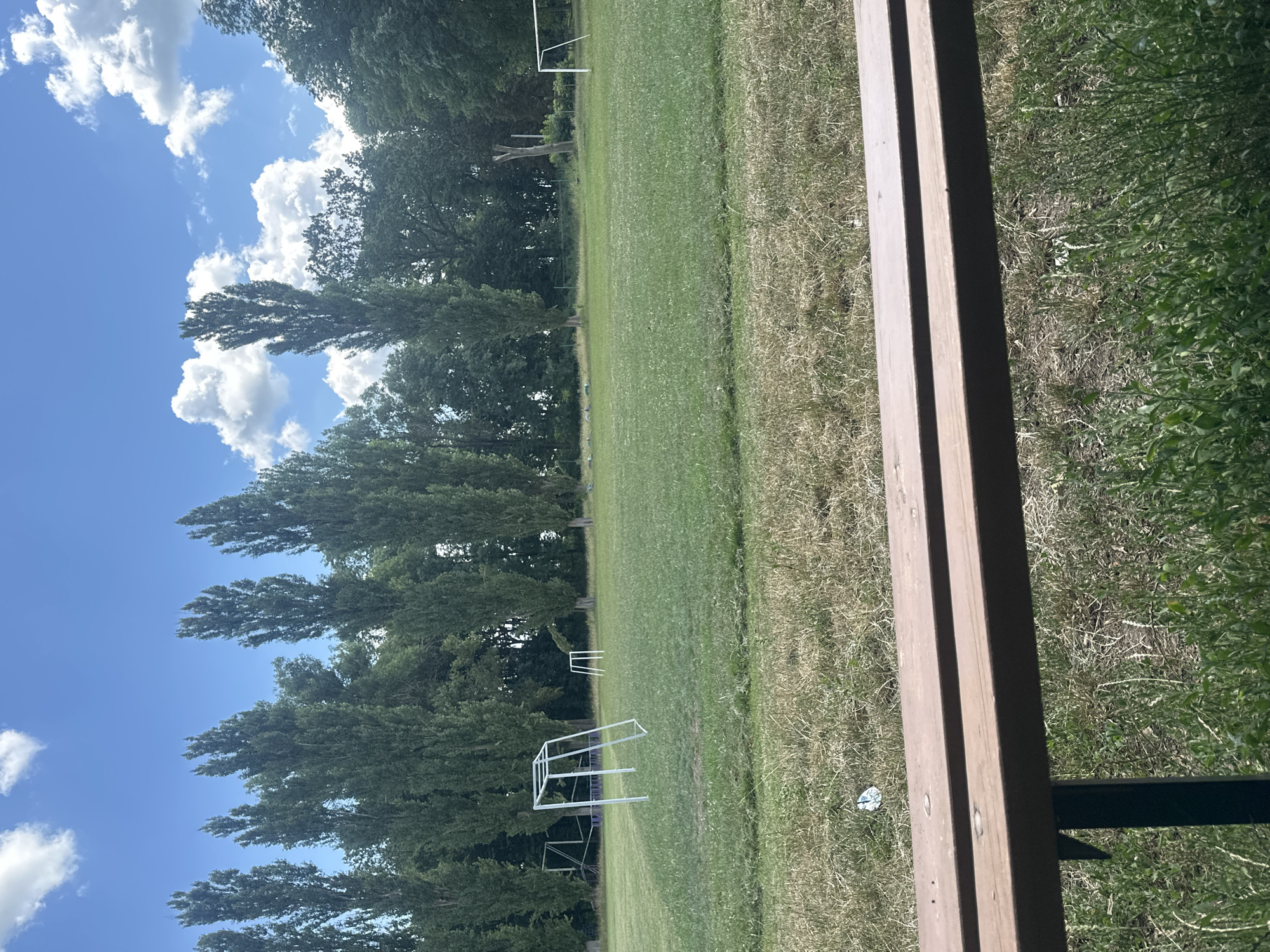 The image shows an outdoor grassy field with two soccer goals. In the foreground, a wooden bench is partially visible. The field is bordered by a line of tall, slender trees and a backdrop of more dense foliage. The sky above is blue with scattered white clouds. The scene appears to be in a park or recreational area. The location is identified as Makiv, Ukraine. There are no people or active events depicted in the image.