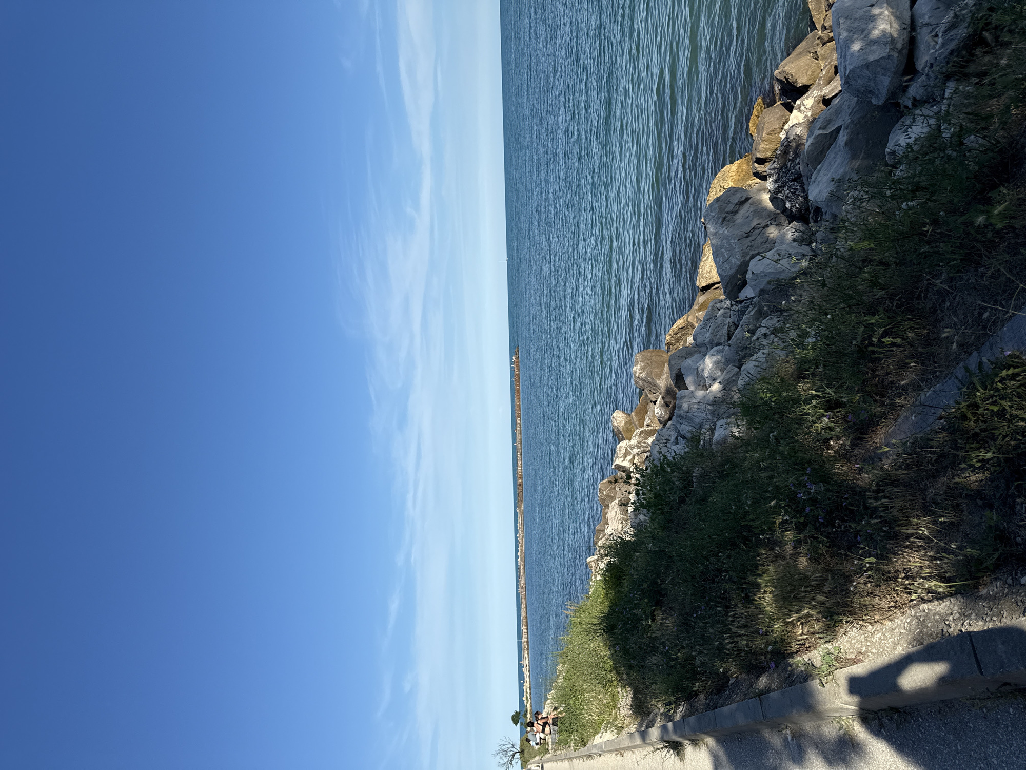 This media file depicts a scenic view of the Black Sea from a rocky shore. The sky is a clear, vibrant blue with wispy white clouds, suggesting a sunny day. The sea is a deep blue, with gentle waves rippling across its surface. A long, man-made structure, likely a pier or breakwater, extends far into the distance, creating a visual line across the horizon.
Along the shore, large, weathered rocks are interspersed with patches of green vegetation, some of which appear to be wildflowers. The foreground shows a paved walkway with a concrete curb, casting long shadows indicative of a time of day when the sun is at an angle, likely late afternoon or early morning.
In the distance, near the base of the pier, a few small figures can be seen, suggesting people are present, possibly enjoying the view or walking along the structure. The overall mood is peaceful and serene, evoking a sense of a pleasant day by the sea. The location is Varna, Bulgaria. There is no visible text in the image.