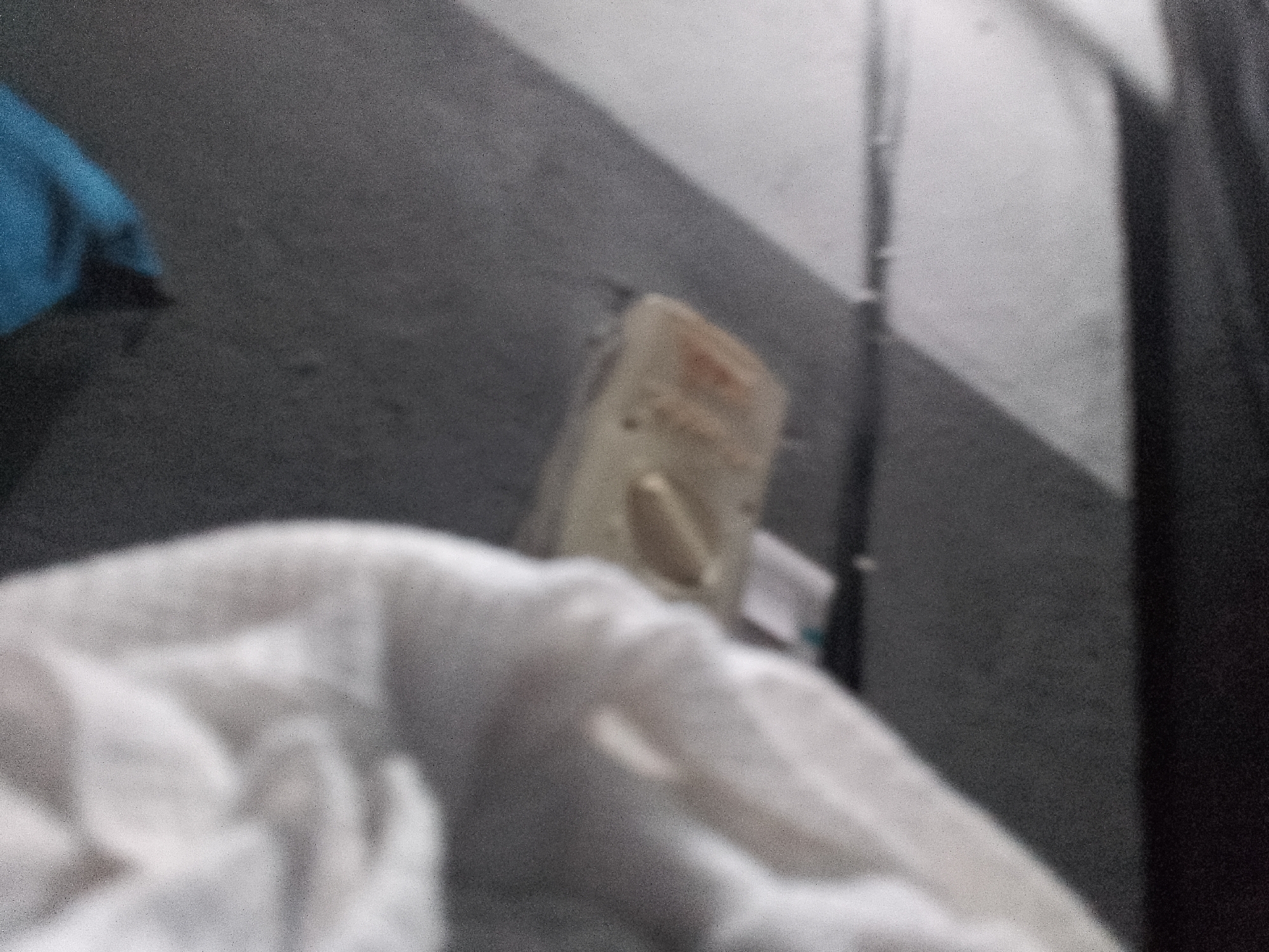 The image depicts a close-up, out-of-focus view of what appears to be a white cloth or blanket in the foreground. In the background, there is a gray wall and a sliver of blue fabric, possibly clothing. A light-colored object, possibly a light switch or an electrical outlet, is mounted on the wall. The scene is dimly lit, with harsh shadows suggesting artificial lighting or sunlight filtering through blinds. The image quality is poor, characterized by significant blur and graininess. The specific location in the city of Jauro Yinu, Nigeria, cannot be determined from the visual information provided.