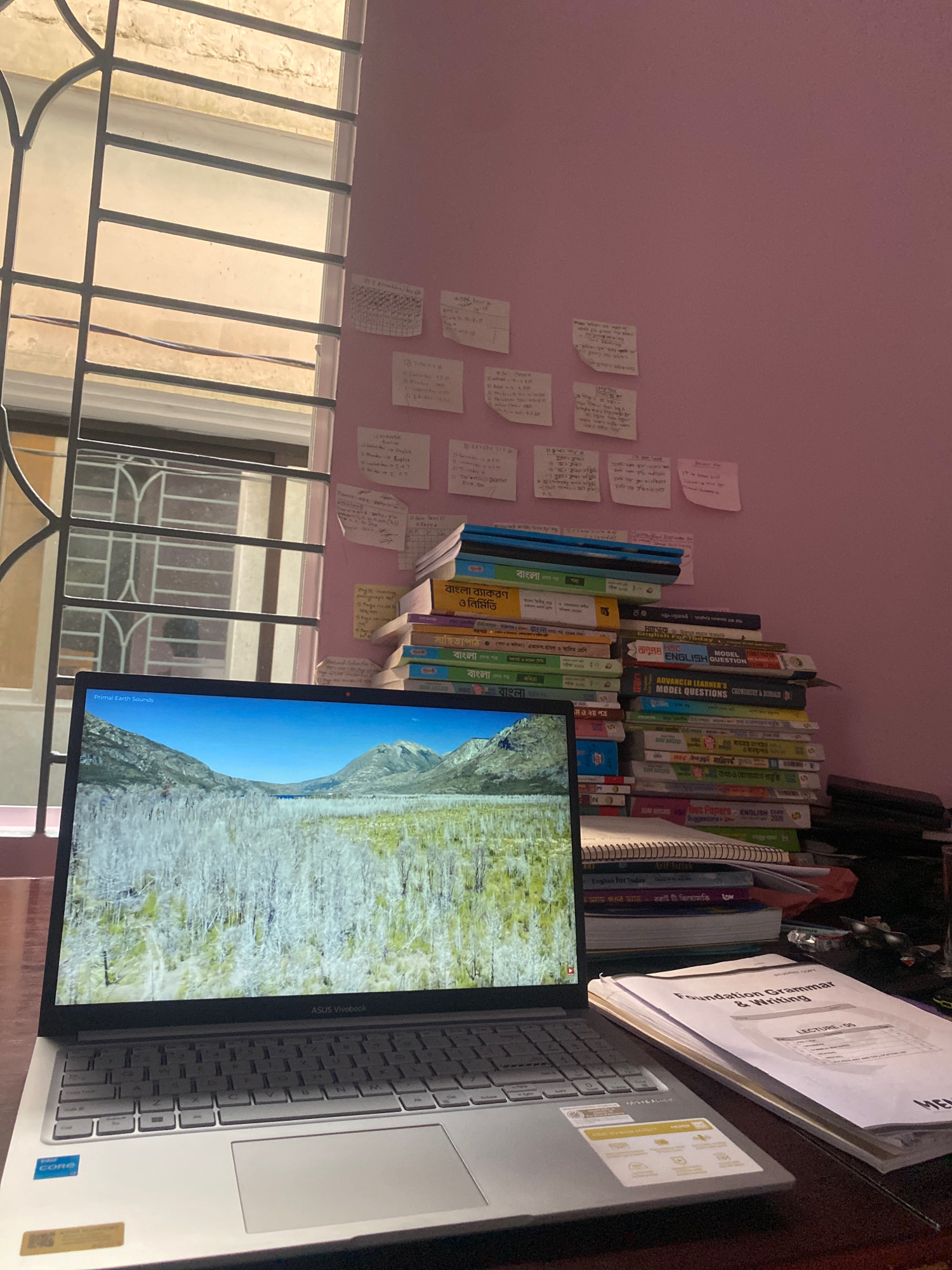 The image depicts a close-up view of a desk setup in what appears to be a study area. A silver ASUS Vivobook laptop is open, displaying a scenic landscape on its screen, with the text "Primal Earth Sounds" visible in the upper left corner. To the right of the laptop, a stack of books and notebooks is piled high, with some titles visible in Bengali and English, suggesting a study or academic context. Several small sticky notes with handwritten text are affixed to the pink wall behind the books. A window with metal bars is visible in the background, allowing natural light to illuminate the scene. The desk surface is wooden, and a notebook labeled "Foundation Grammar & Writing" is open in the foreground, to the right of the laptop. The overall impression is one of focused study or work. The image does not provide any specific visual cues to pinpoint its location in Hemayetpur, Bangladesh, or any identifiable individuals or actions.