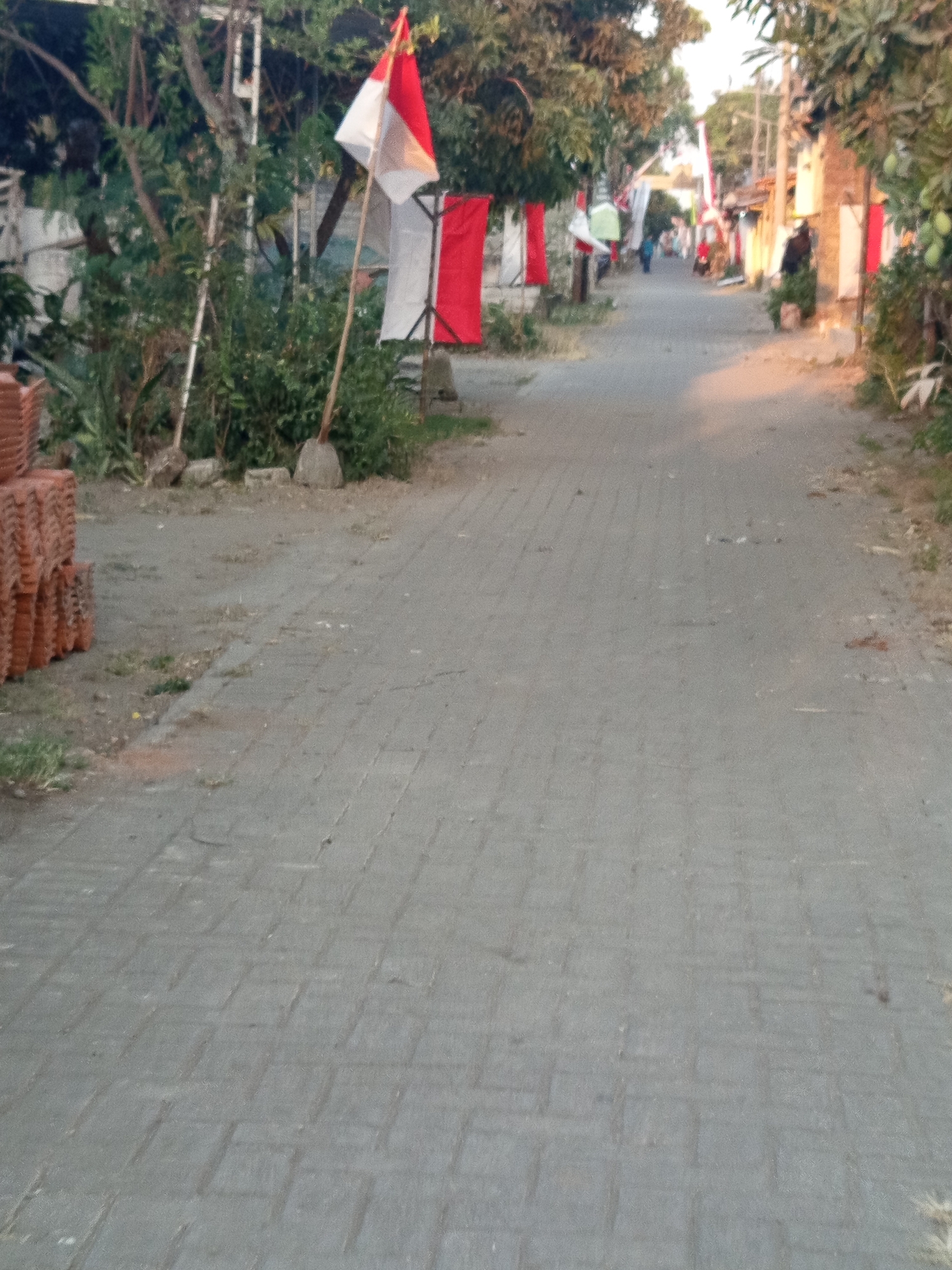 The image depicts a narrow, paved street in a residential area of Ngablak, Indonesia. Red and white Indonesian flags are prominently displayed along the sides of the street, suggesting a national celebration or holiday. The street is lined with trees and modest buildings. There are several people visible in the distance, walking along the street. In the foreground on the left, a stack of terracotta tiles is piled near the edge of the road. The lighting suggests it is late afternoon or early evening, with long shadows cast across the pavement. The environment appears somewhat dry and dusty.