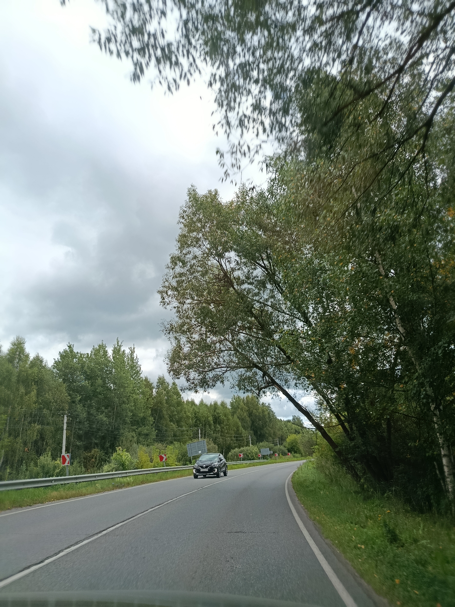 A black car drives down a paved, two-lane road on a cloudy day. The road curves to the right, bordered by a metal guardrail and a grassy shoulder. Lush green trees line the left side of the road, with a dense forest visible in the distance. On the right side, the trees are closer to the road, with some branches arching over the pavement. Several red and white directional signs are visible along the guardrail, indicating a curve in the road. The sky is overcast with gray clouds. The scene appears to be on the outskirts of Verea, Russia, likely a rural or semi-rural area.