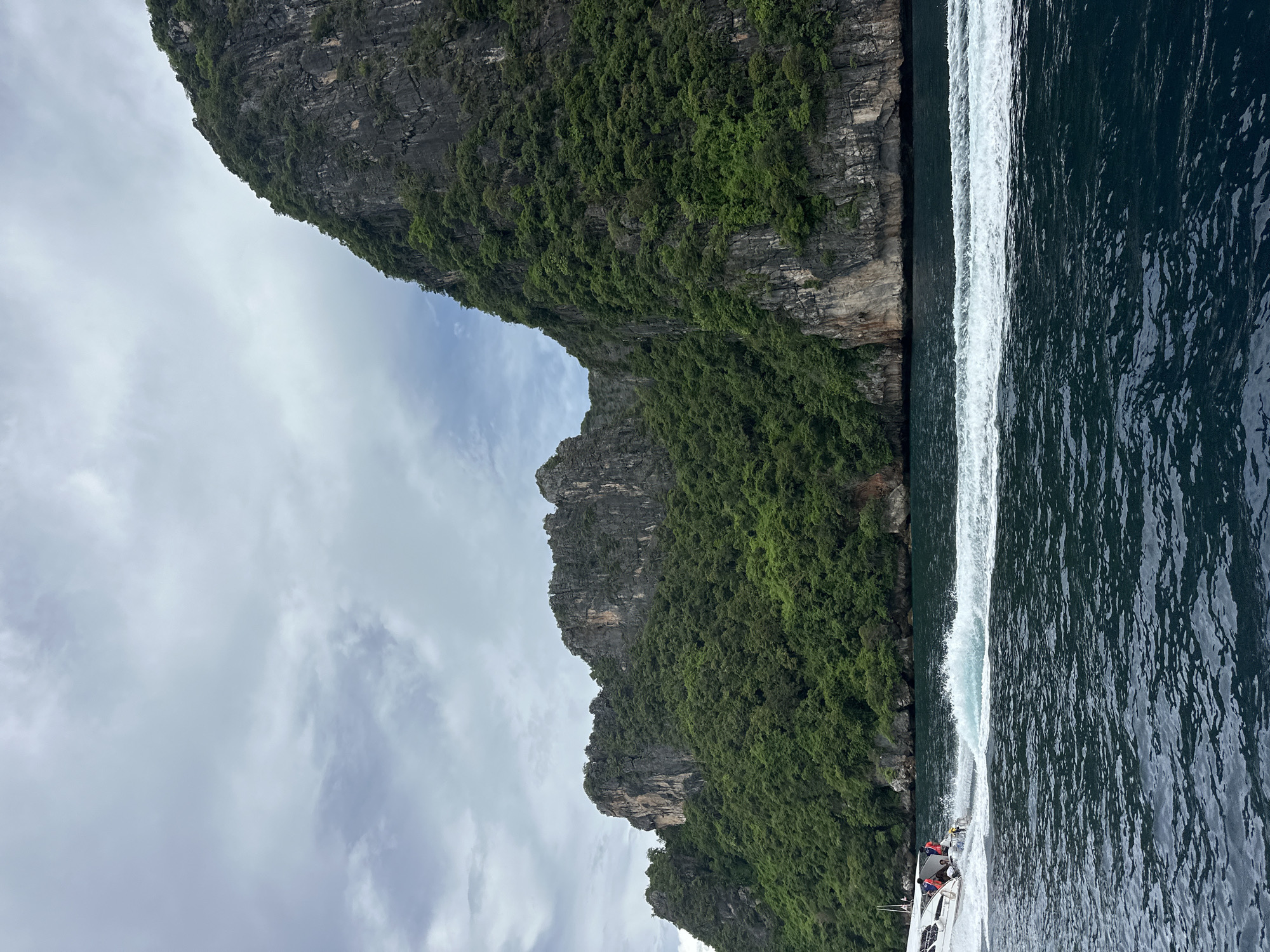 The image captures a dramatic coastal landscape in Ao Nang, Thailand, with towering, lush green karst cliffs dominating the background. The cliffs are characterized by their steep, rugged faces, partially obscured by dense tropical vegetation. In the foreground, the dark blue ocean is active, with a white speedboat speeding across the water, leaving a prominent wake. Several individuals are visible on the boat, some wearing red and blue shirts. The sky above is overcast with a mix of gray and white clouds, contributing to a muted but dramatic atmosphere. The scene suggests a typical tourist excursion or transportation activity in the popular Ao Nang region.