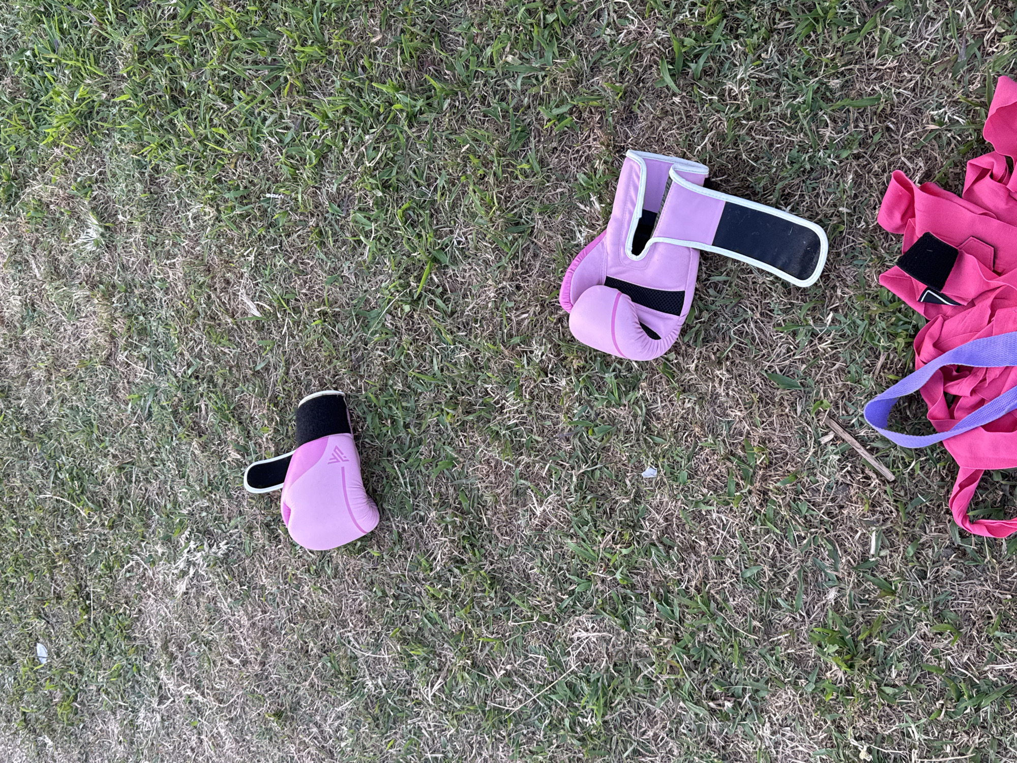 Two pink boxing gloves and a pink and purple bag are lying on the ground, which is covered in dry grass and some patches of green grass. The gloves are positioned near each other but are not touching. One glove is slightly above and to the left of the other. The bag is at the bottom of the image, with its purple strap visible. The scene appears to be outdoors in a grassy area, possibly a park or field. The exact location in North Kuta, Indonesia, is not discernible from the visual information provided in the image.