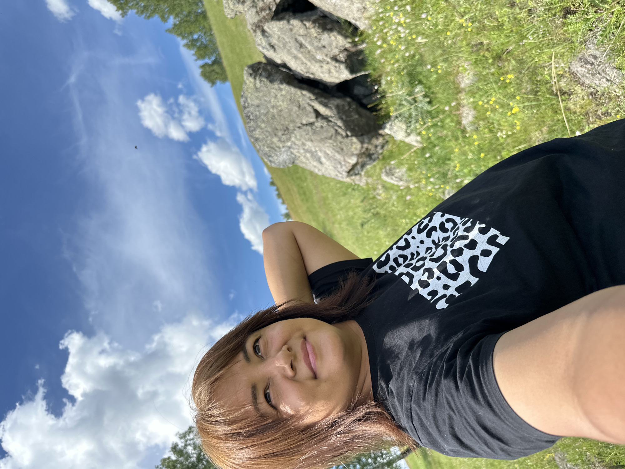 An outdoor, low-angle, selfie-style shot shows a woman from the chest up, with her right arm raised behind her head. She is wearing a black t-shirt with a white and black leopard print design on the left side of her chest. Her face is turned to the left, looking upwards with a slight smile. Her medium-length brown hair is parted on the left and frames her face. The background is a grassy hill dotted with small yellow and white wildflowers and large gray boulders. The sky is blue with scattered white, fluffy clouds. There are a few trees on the right side of the frame, and a small dark shape, possibly a bird, is visible in the sky in the upper right quadrant. The lighting suggests a bright, sunny day.