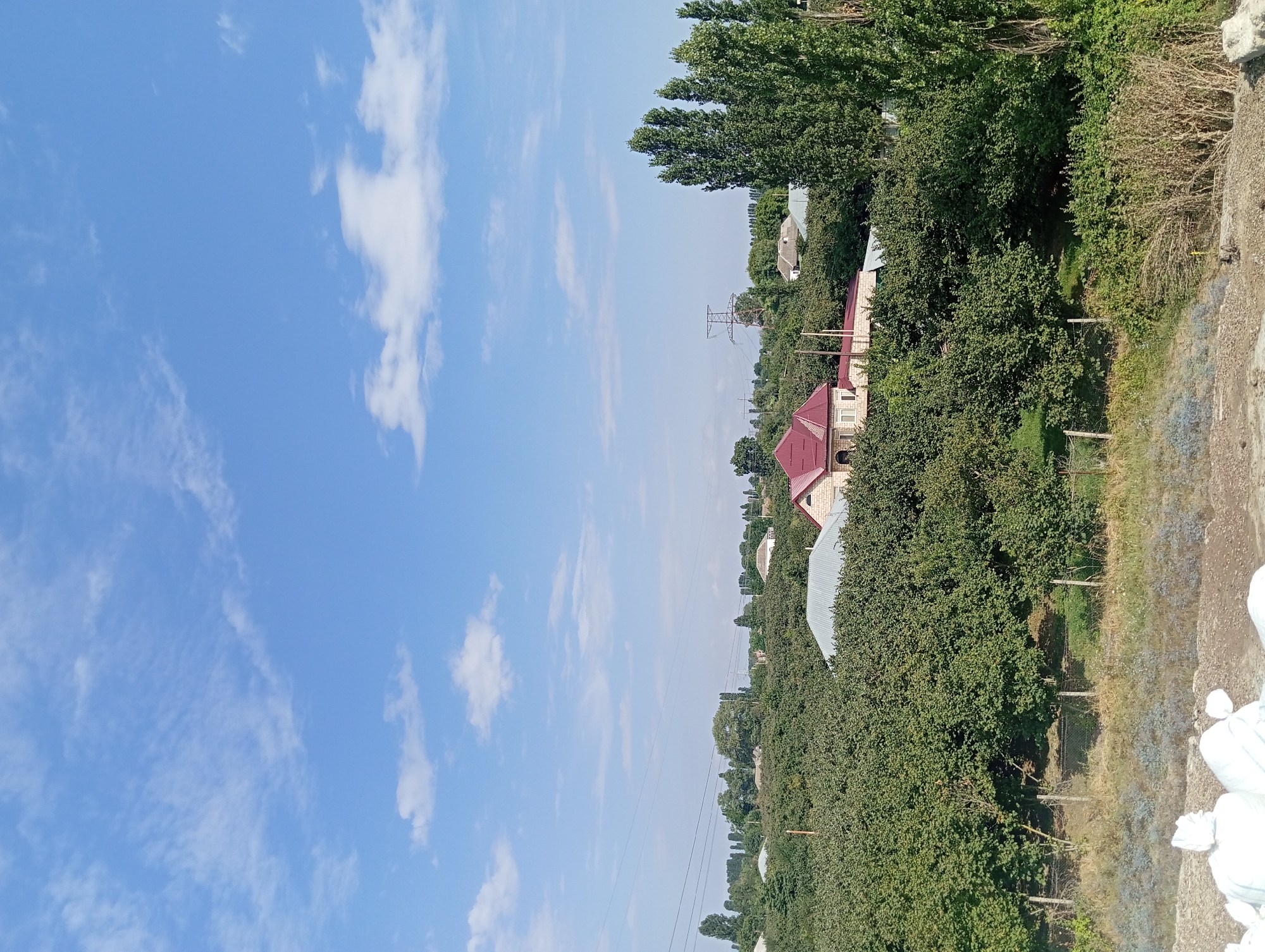 The image shows a rural scene with a bright blue sky filled with scattered white clouds. In the middle ground, a dense canopy of green trees dominates the landscape, interspersed with several houses. One house, with a distinctive red roof, is prominently visible. Further in the background, more houses and trees are scattered, and a tall electrical pylon stands against the sky. The foreground shows a grassy area with some dry vegetation and what appear to be white sacks or bags. The overall impression is of a sunny day in a residential, tree-lined area, possibly a village or a suburban neighborhood, with agricultural elements present. The location is identified as Şirvanlı, Azerbaijan.