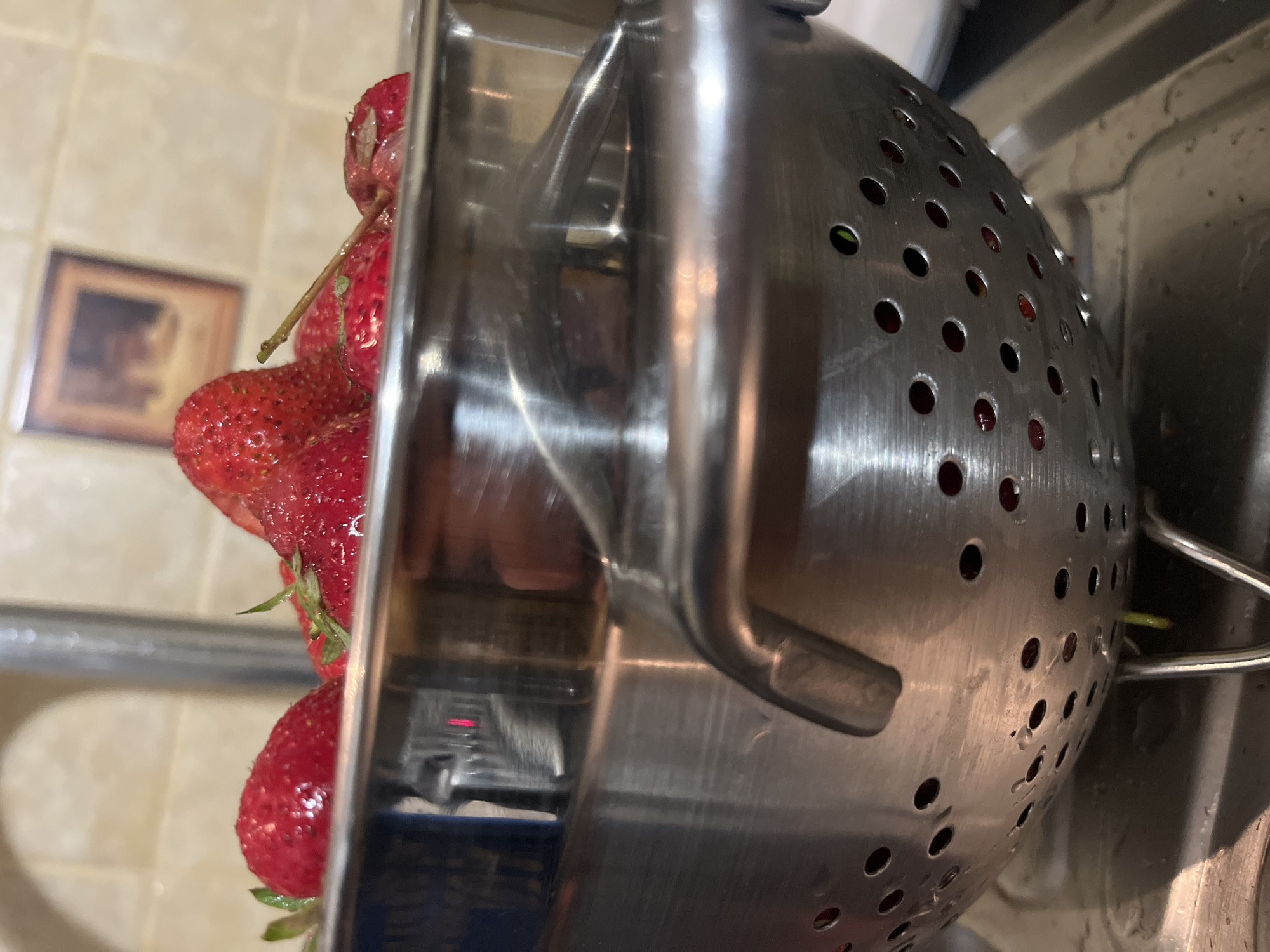 The image, rotated 90 degrees clockwise, presents a close-up view of fresh, red strawberries held within a stainless steel colander over a kitchen sink. The strawberries appear wet, suggesting they have either been recently washed or are about to be. Many still retain their green stems and leafy caps.
The colander is made of shiny, brushed stainless steel, characterized by numerous circular perforations and a sturdy handle. Its metallic surface displays prominent reflections of the surrounding kitchen environment. The sink, also appearing to be stainless steel, is visible beneath the colander and shows water droplets.
In the blurred background, a light-colored tiled wall is discernible, upon which a small, indistinct framed picture hangs. One of the reflections on the colander's surface reveals a small red light, possibly originating from a kitchen appliance. The overall scene depicts a functional domestic kitchen setting, likely in Tarnivtsi, Ukraine, focused on food preparation. No discernible text is visible in the image.