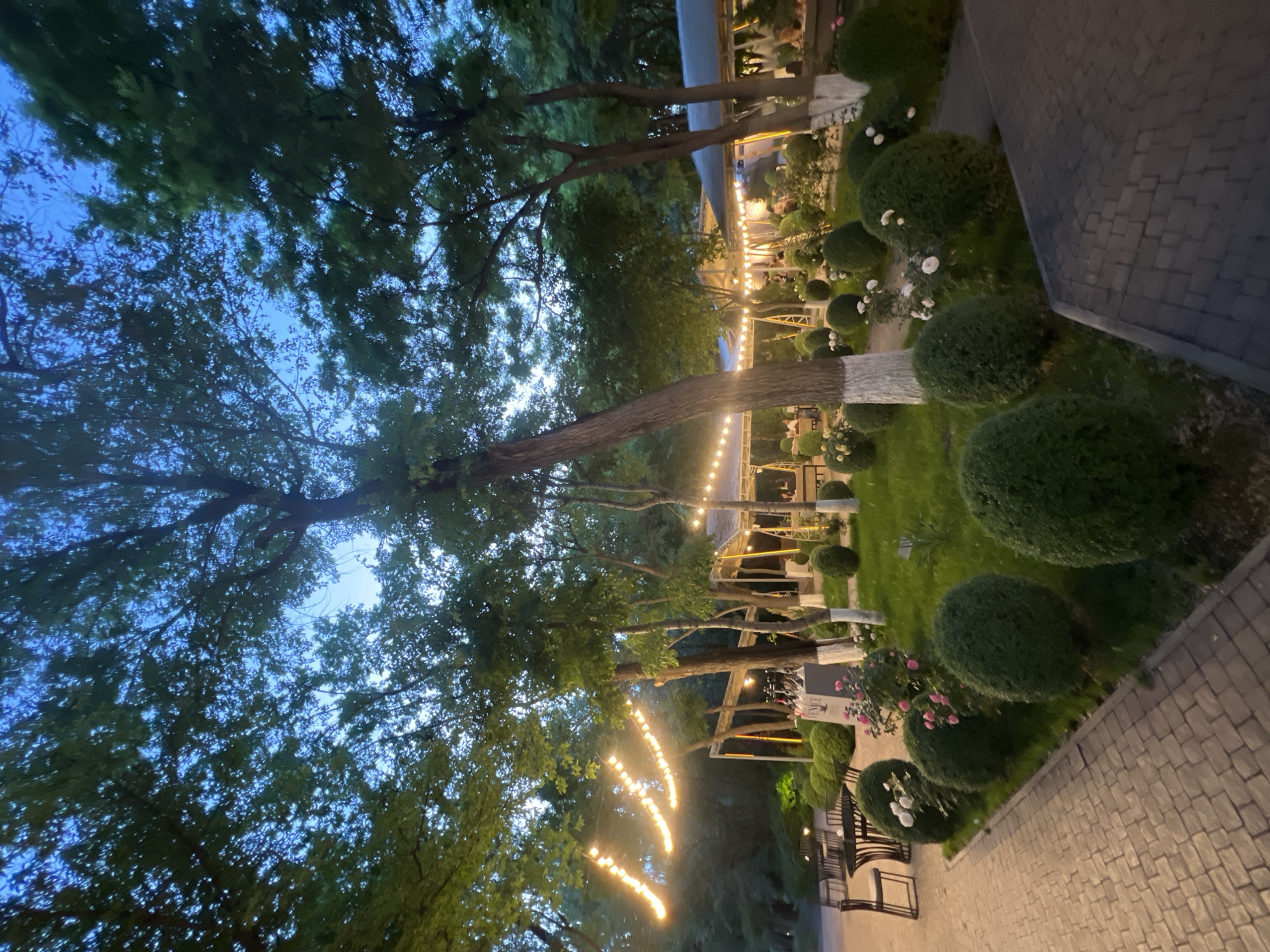 The image depicts an outdoor seating area of a restaurant in Yerevan, Armenia, during twilight. String lights are hung between trees, illuminating the scene. In the foreground, a paved walkway runs alongside a manicured lawn with several rounded bushes and flowering plants. To the left, a table and chairs are set for dining. Beyond this, a covered outdoor seating area with more tables and chairs is visible, where patrons are seated. The background is filled with lush green trees, suggesting a park-like setting. The sky is a deep blue, indicating the transition from day to night.