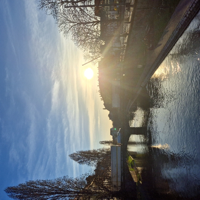 This image captures an urban waterway scene in Strasbourg, France, likely along the Ill River or one of its canals, during either sunrise or sunset. The sun, positioned low in the sky slightly right of center, emits a bright, golden light that casts significant lens flare across the frame and reflects brightly on the water. The sky is predominantly clear blue with sparse, wispy clouds.
A body of water, appearing to flow from left to right, dominates the foreground and midground, its surface shimmering with reflected sunlight. Spanning the waterway in the midground is a multi-arch stone bridge. On the bridge, a white box truck or trailer is visible on the left side, moving towards the right, followed by a lighter-colored car or van. Another white box truck is partially visible on the right side of the bridge.
On the left bank, a very tall, slender, bare deciduous tree (likely a poplar) stands prominently in the foreground, with similar trees further back. Beyond these trees and the bridge, urban buildings with traditional architecture are visible.
The right bank features a paved embankment or walkway running alongside the water. Two individuals are seated on a low bench or wall along this embankment, partially obscured by direct sunlight and glare. More bare deciduous trees line this bank, interspersed with streetlights or utility poles. Behind these, additional urban buildings form the backdrop. A distinctive, angular crane-like structure is silhouetted against the sky on the far right, near the horizon.