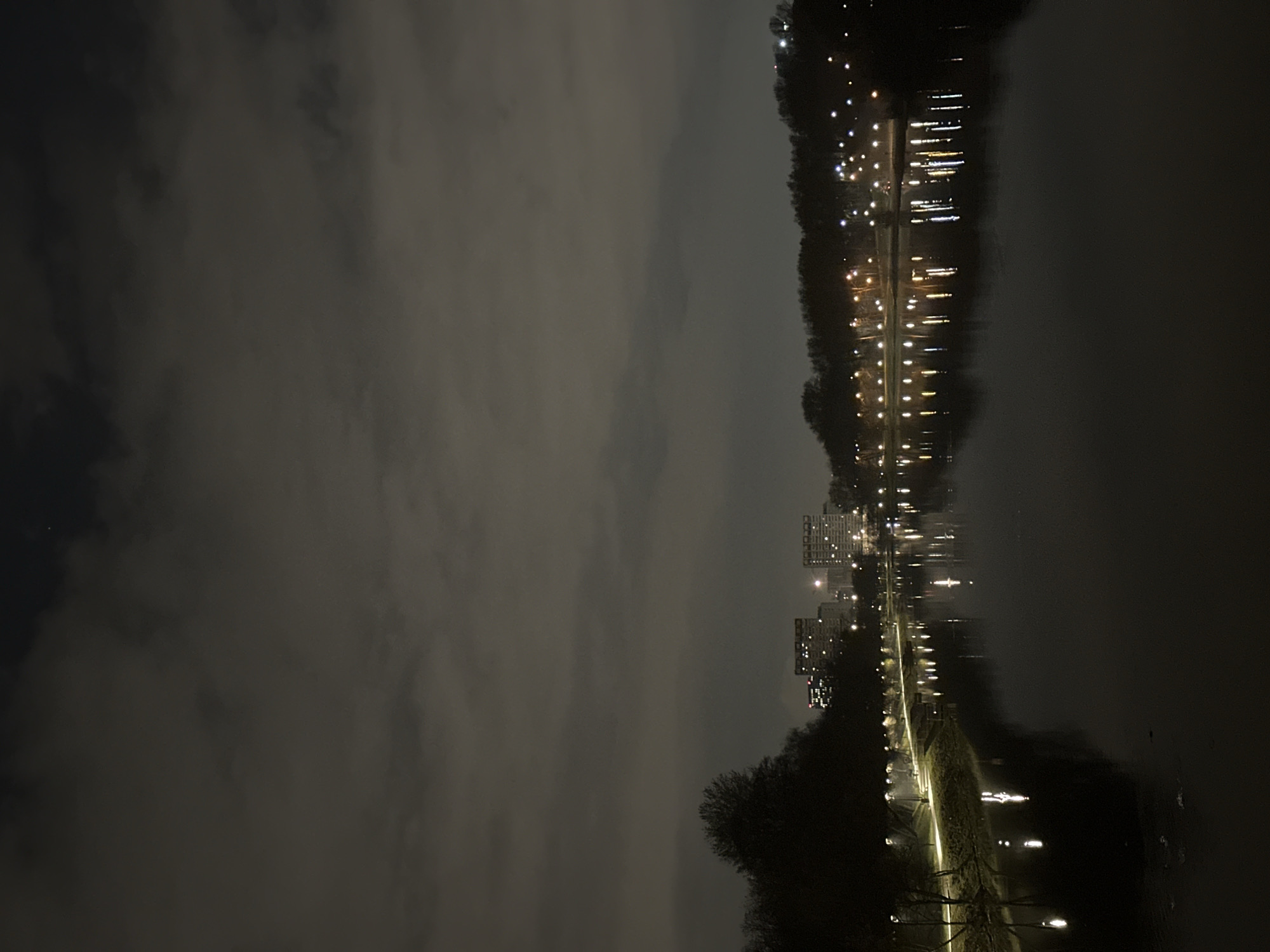 The image depicts a night scene near a body of water in Moscow, Russia. The right half of the image shows dark water, likely a river or lake, reflecting lights from the city and surrounding landscape. On the far bank, a treeline is visible, with numerous lights indicating a road or pathway illuminated by street lamps. Further into the distance, there are buildings, including apartment complexes, with their lights also reflected in the water. The sky is overcast, with clouds obscuring most of the stars. The overall ambiance is dim and reflective, suggestive of a quiet urban park area at night.