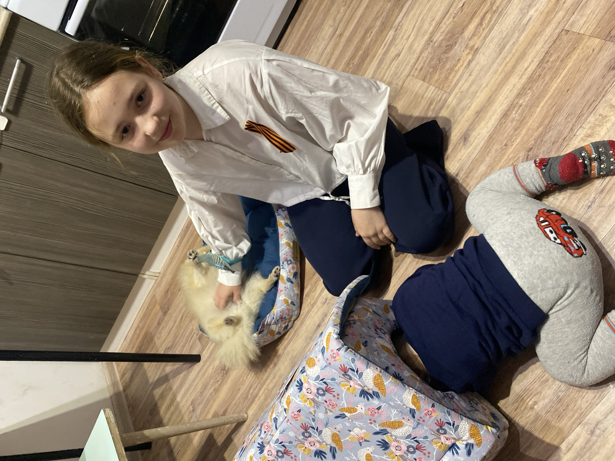 The image shows a girl sitting on a wooden floor next to a small white dog lying in a pet bed. The girl is wearing a white shirt with a black and orange ribbon. To her right, there is a second pet bed with a floral pattern. Near the floral pet bed are legs and a torso of another child wearing gray and blue clothing. The location is likely indoors.