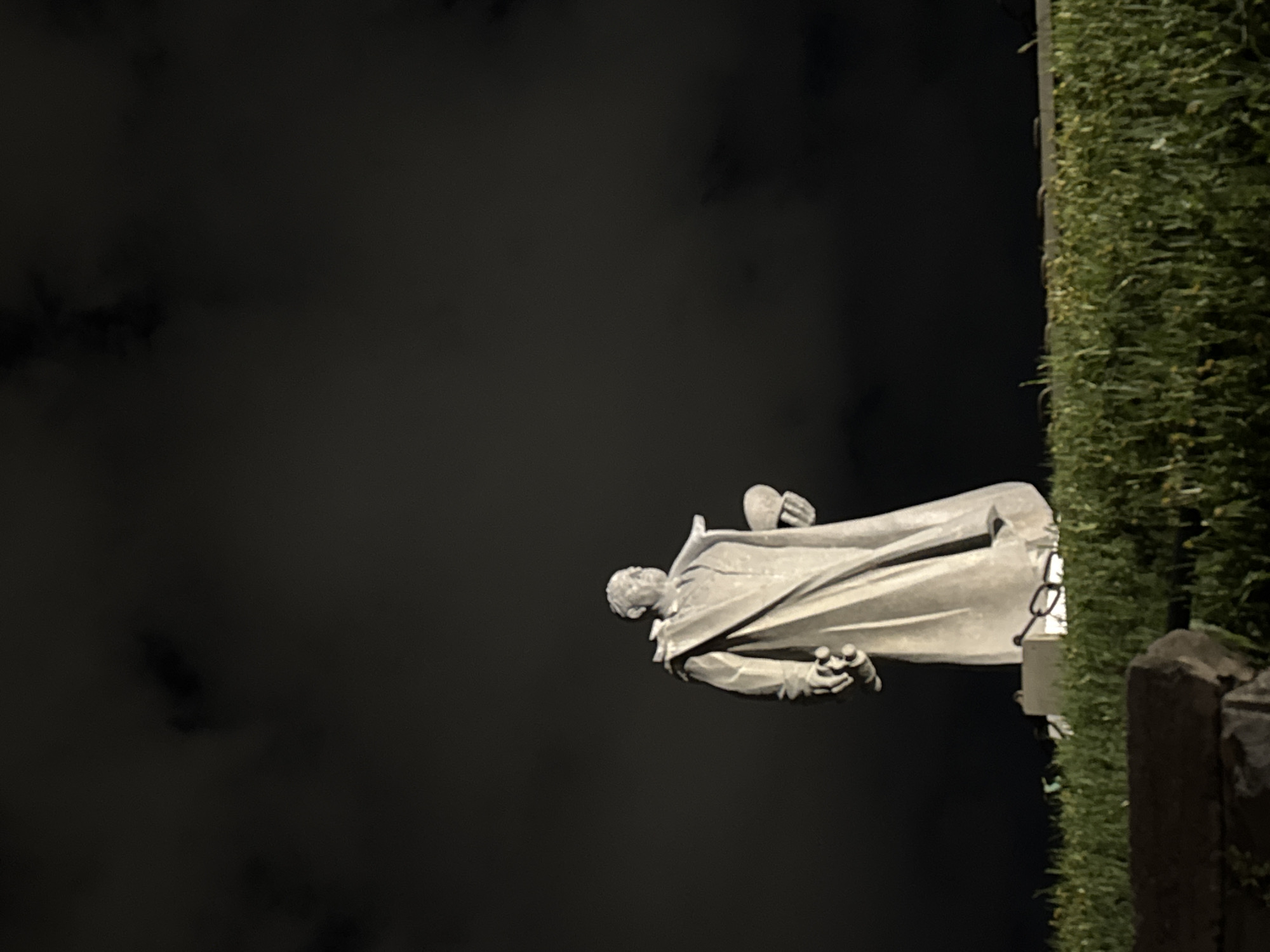 An outdoor, nighttime shot captured in Yerevan, Armenia, features a prominent stone statue of a man. The statue, illuminated by an unseen light source, stands upright on a dark base, contrasting sharply with the very dark, cloudy night sky in the background.
The man depicted in the statue wears a long, flowing robe or cloak. His head is turned slightly to his right, and he appears to have short hair or a close-fitting cap. His right hand (from the viewer's perspective, the hand closer to the right side of the image) is held up, seemingly gesturing or holding a small, indistinct object. His left hand (closer to the statue's body on the viewer's left) appears to hold a small, round object or be clenched in a fist. The details of his face are not clearly discernible due to the distance and lighting.
To the right of the statue, a tall, dense hedge of green, leafy plants forms a natural wall, extending from the bottom to the top of the frame. Below the hedge, a dark, rectangular stone structure, possibly a wall or a planter, is partially visible. The overall scene suggests a park, memorial, or public square at night. There is no visible text or active event taking place, only the static presence of the monument against the dark, cloud-streaked sky.